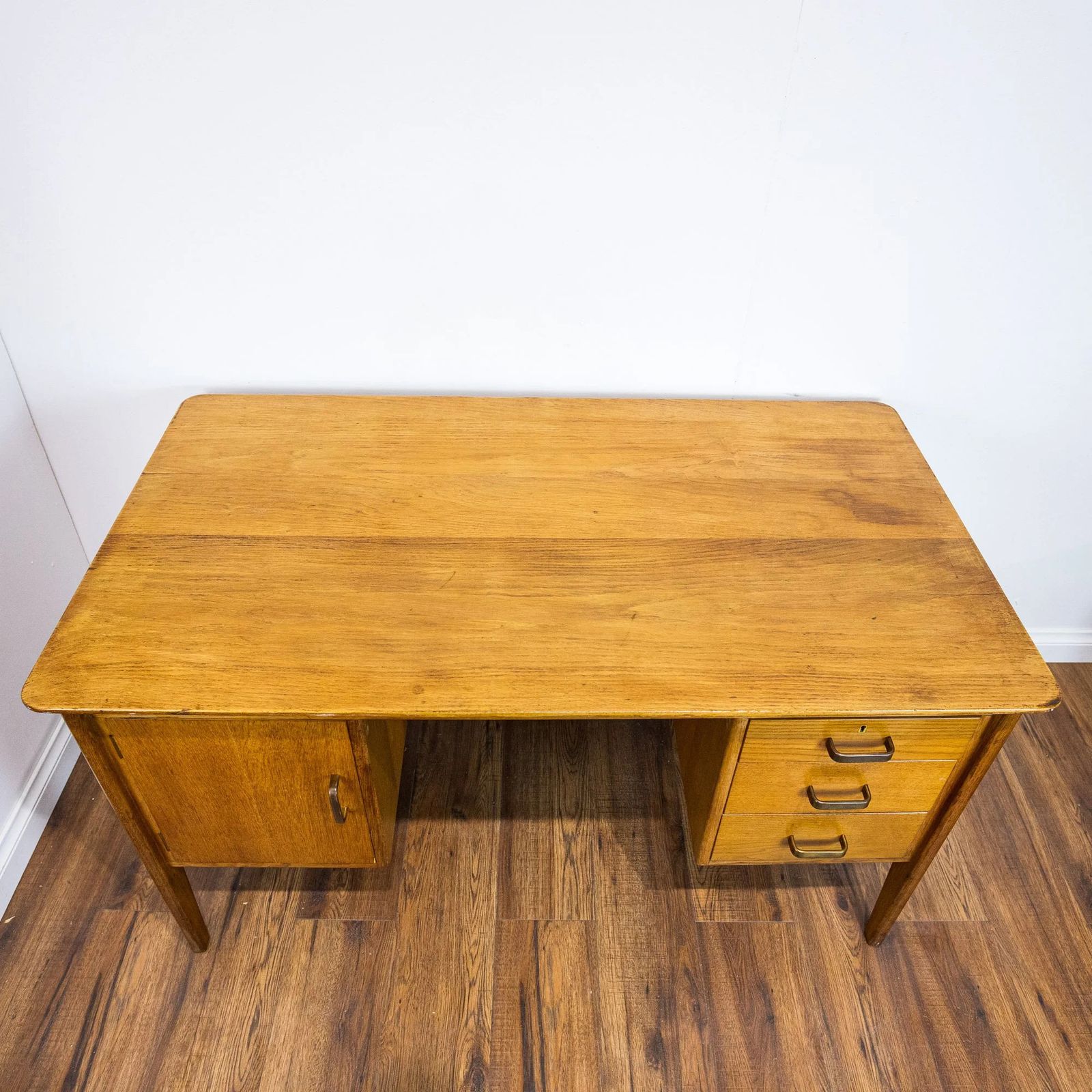 1950s Large Oak Office Pedestal Desk photo vintage