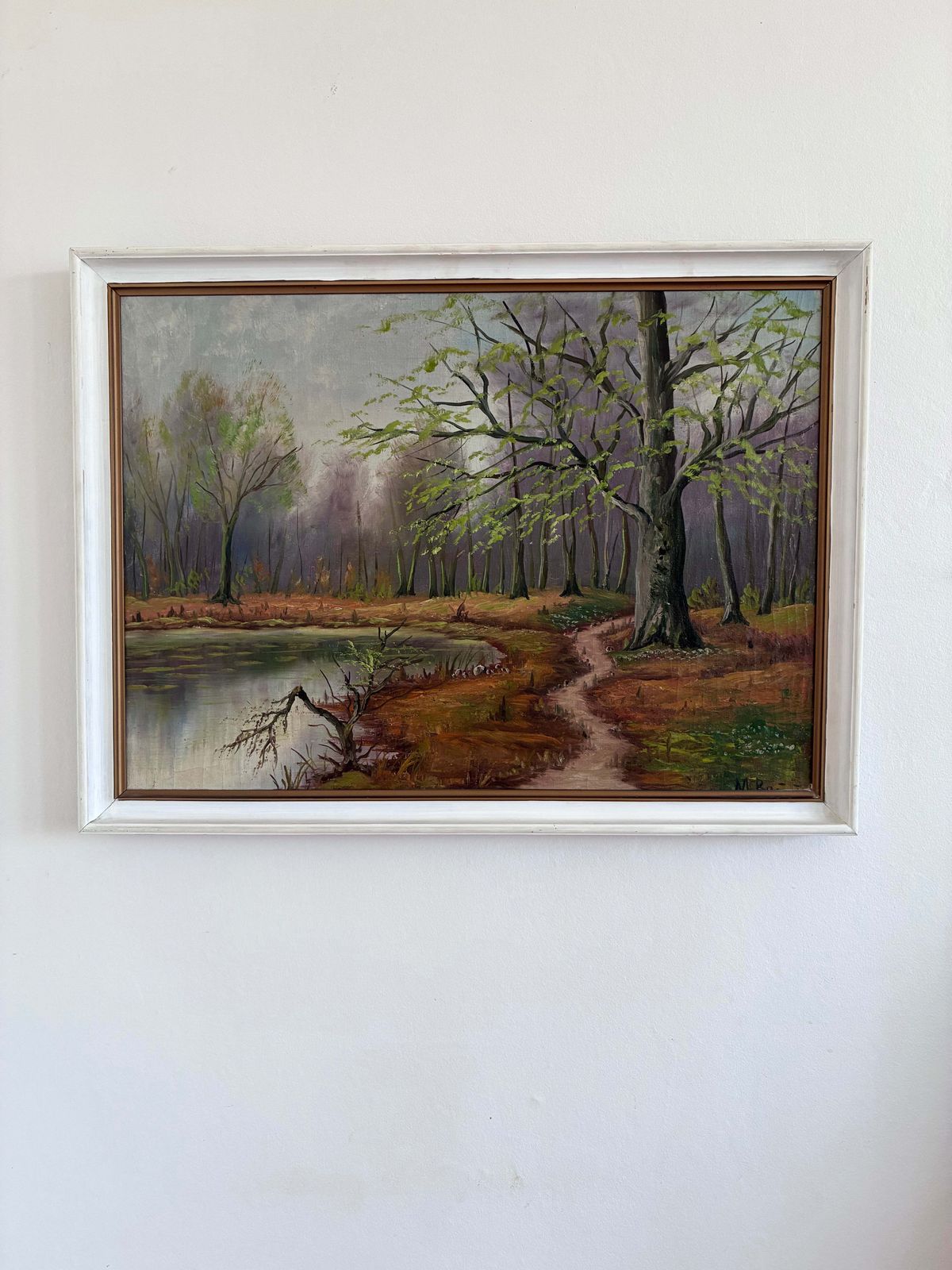 Peinture à l'huile vintage, paysage forestier, vers les années 1960