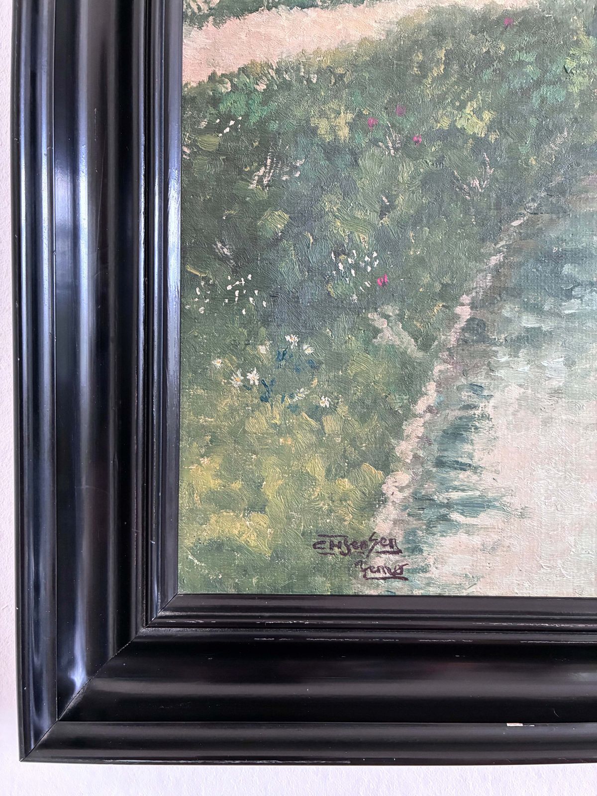 Vintage landschap olieverfchilderij, gesigneerd — boerenerfkunst photo vinterior