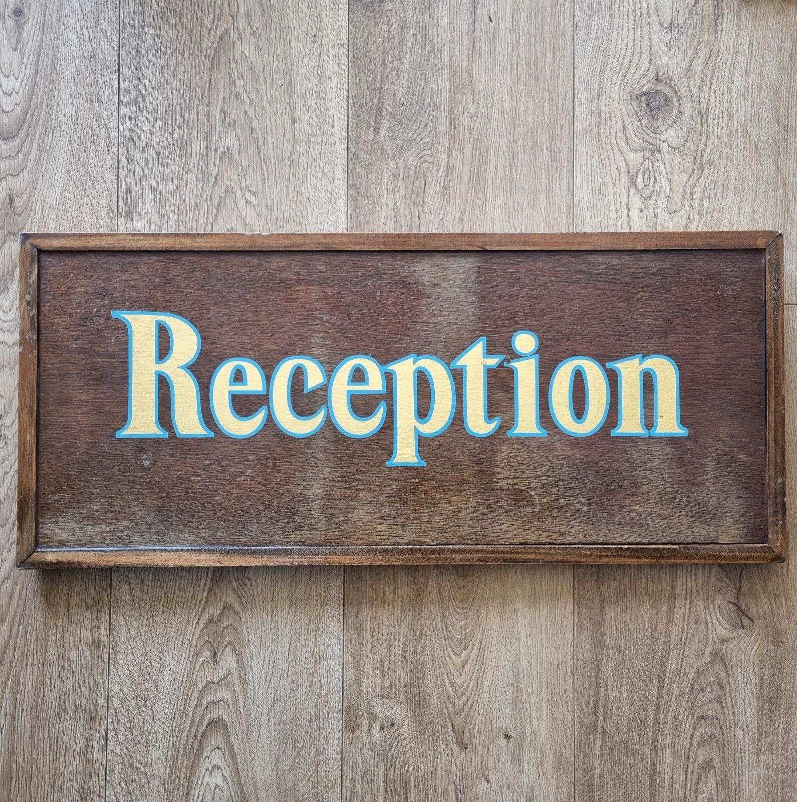 Vintage Oak Reception Sign Hand Painted / Stenciled Gold Blue 66cm X 29cm