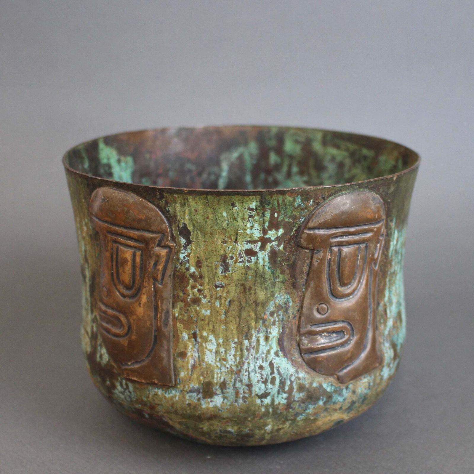 Hammered Copper Cachepot With Ancestral Face Frieze By Graziella Laffi photo for sale