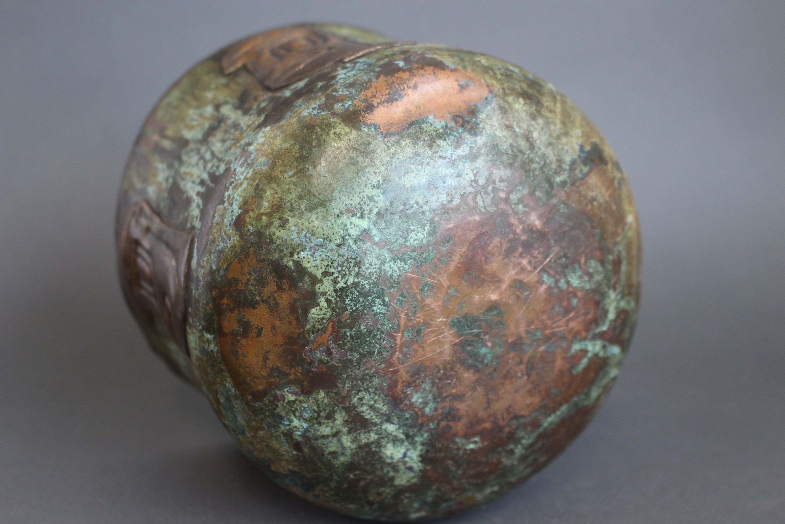 Hammered Copper Cachepot With Ancestral Face Frieze By Graziella Laffi photo vintage