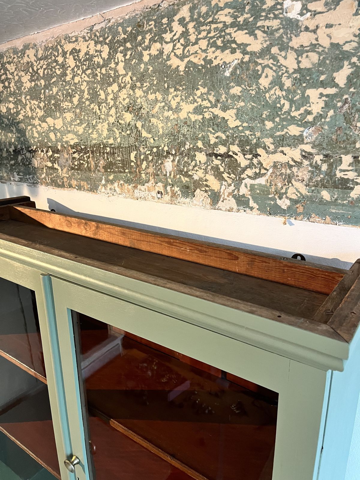 Victorian Green Painted Wall Cabinet With Glass Doors photo vintage