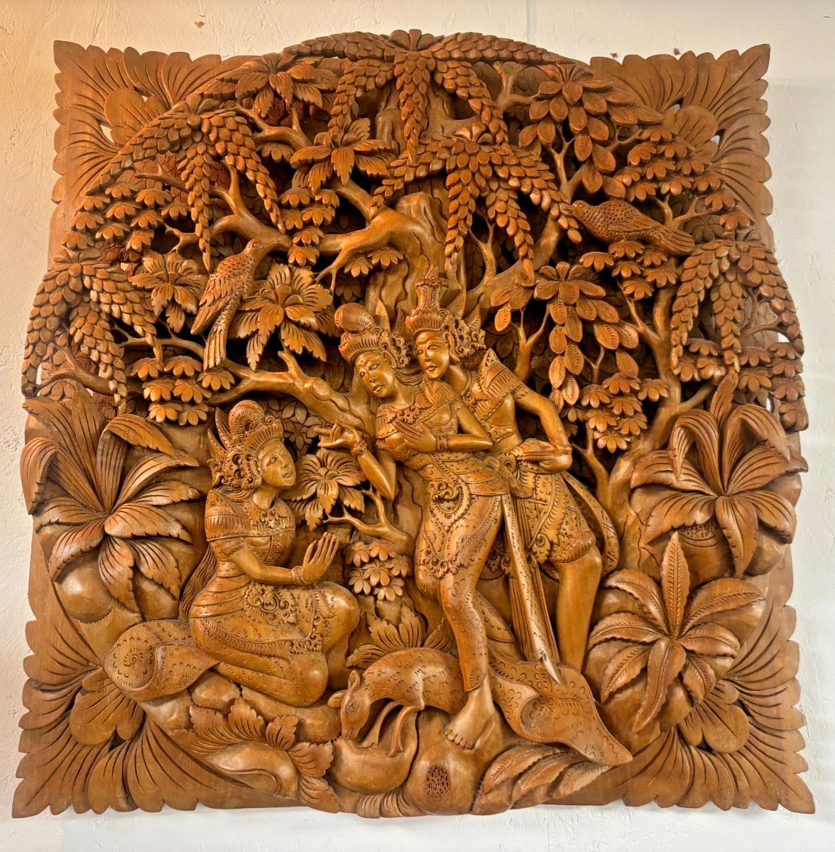 Vintage Balinese Hand Carved 3d Wall Art Panel