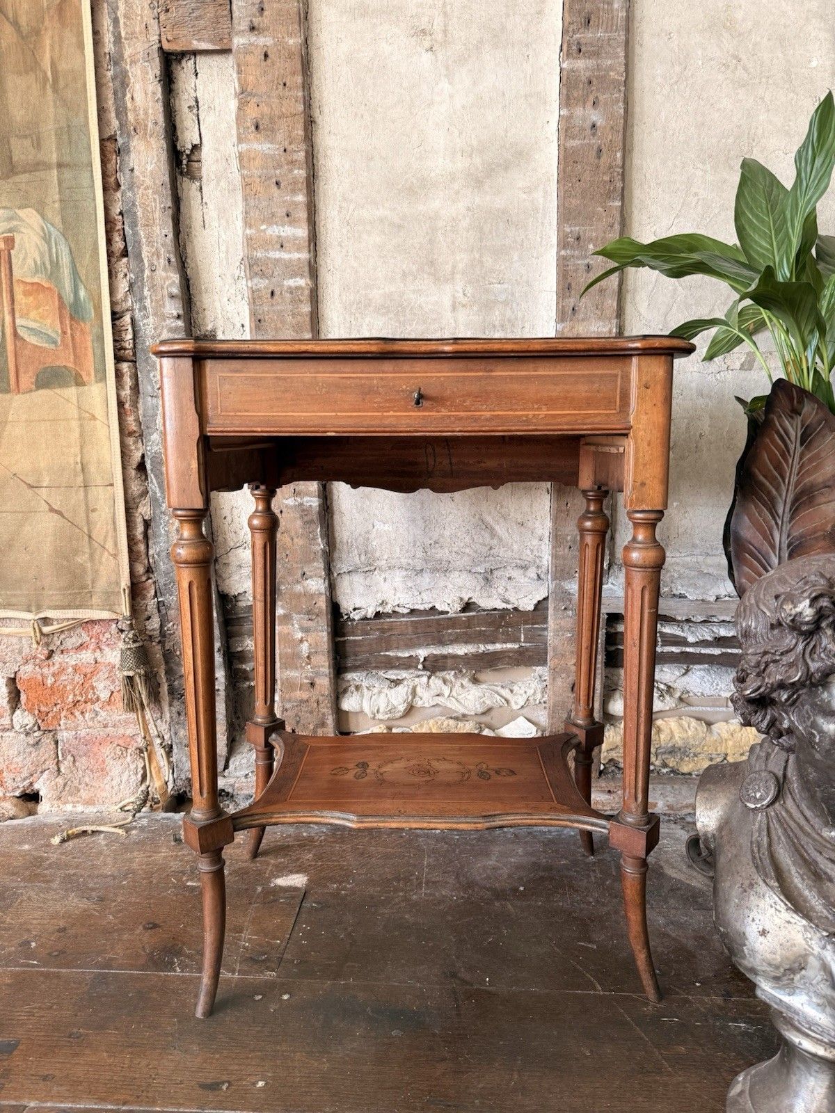 Antique French Inlaid Marquetry Mirror Dressing Table Side Table photo vinterior