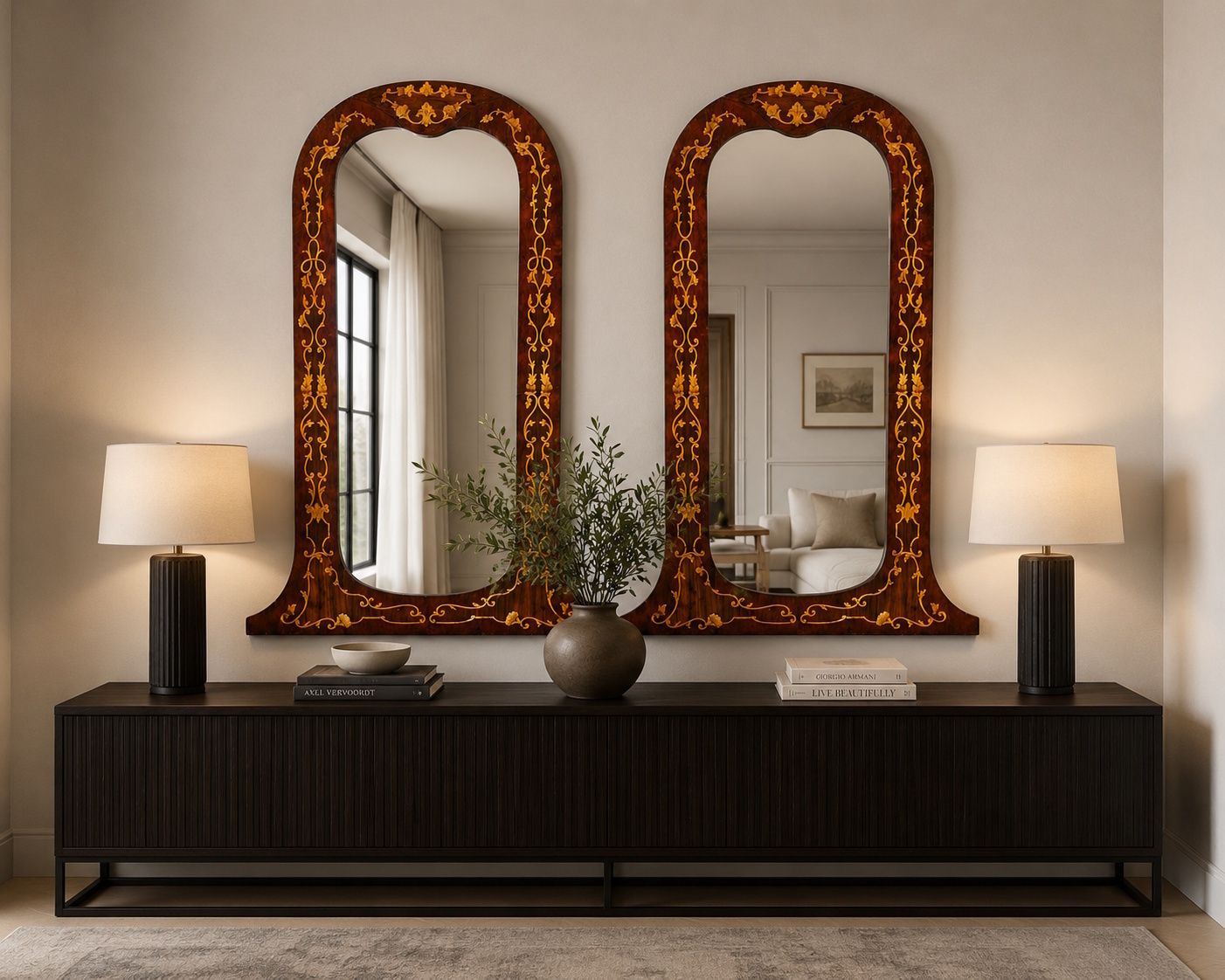 Venetiaanse ingelegde walnoten spiegel met rococo-marqueterie, Venetië, Italië photo vinterior