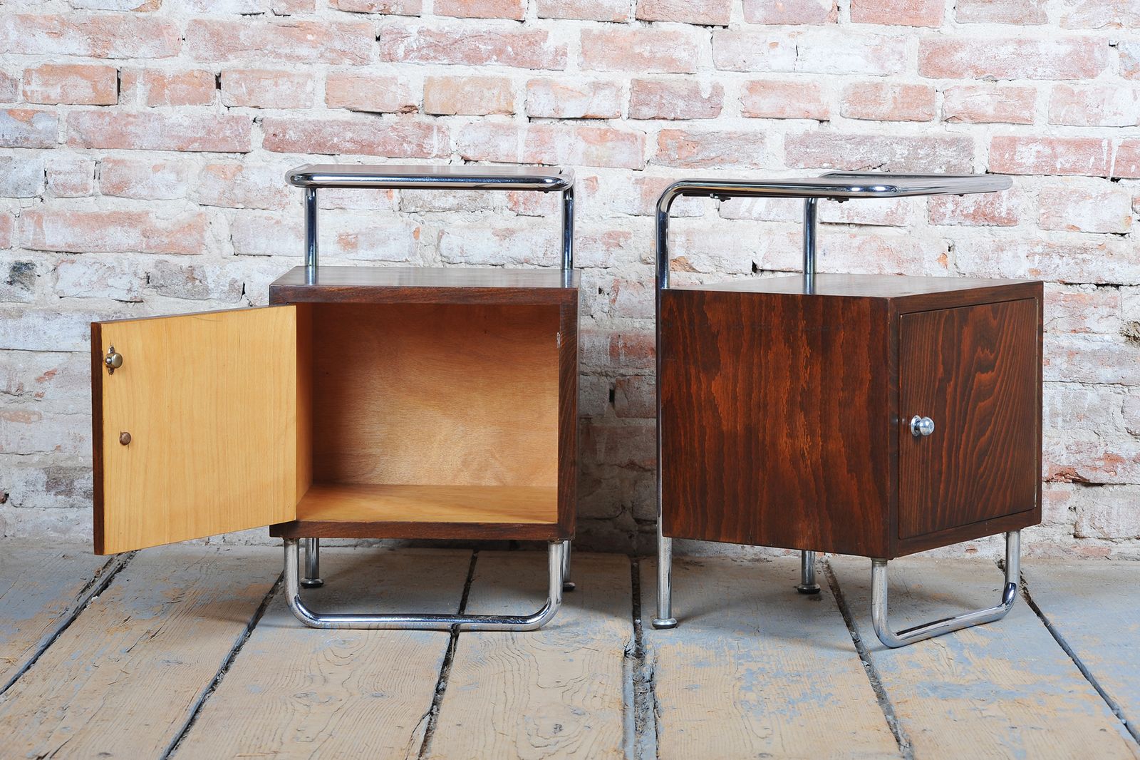 Pair Of Restored Bauhaus Bedside Tables, Beech, Maple, Chrome, Czech, 1930s photo for sale