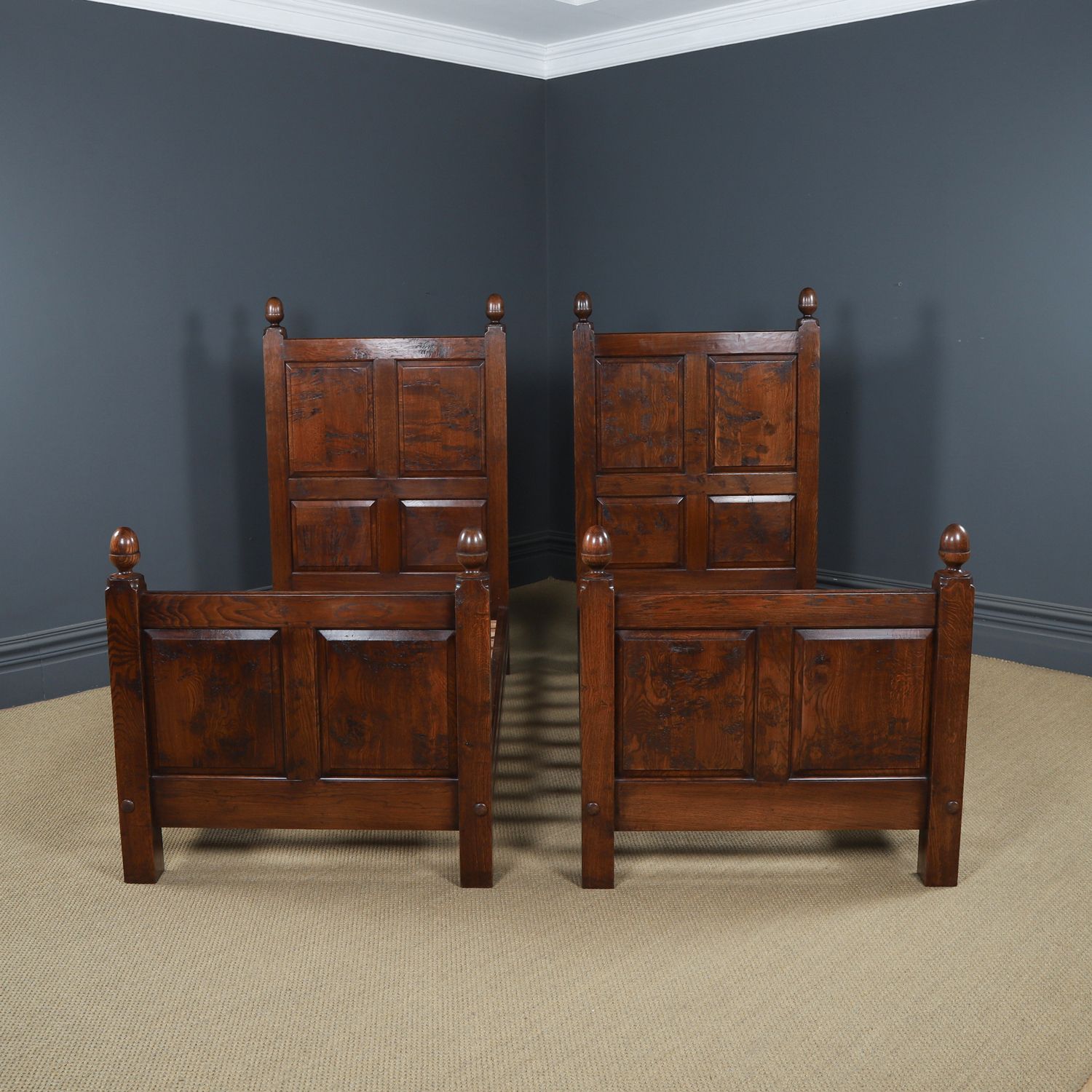 English 17th Century Style Pair Of Figured Oak 3ft Single Beds (Circa 1980) photo for sale