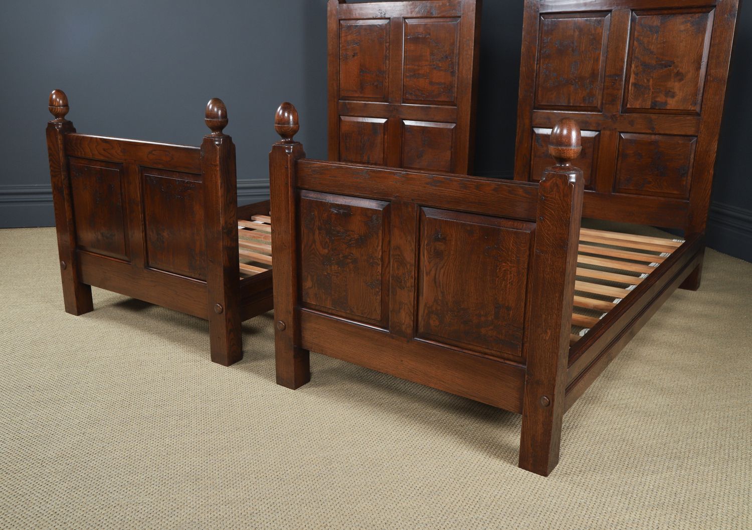 photo furniture English 17th Century Style Pair Of Figured Oak 3ft Single Beds (Circa 1980)