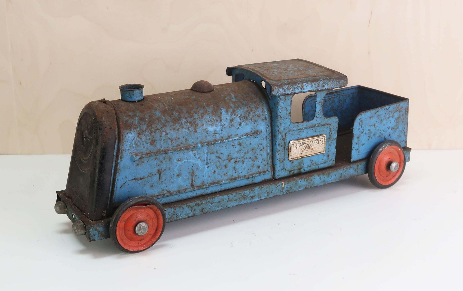 Vintage Pull Along Tinplate Toy Train. English 1950's photo furniture