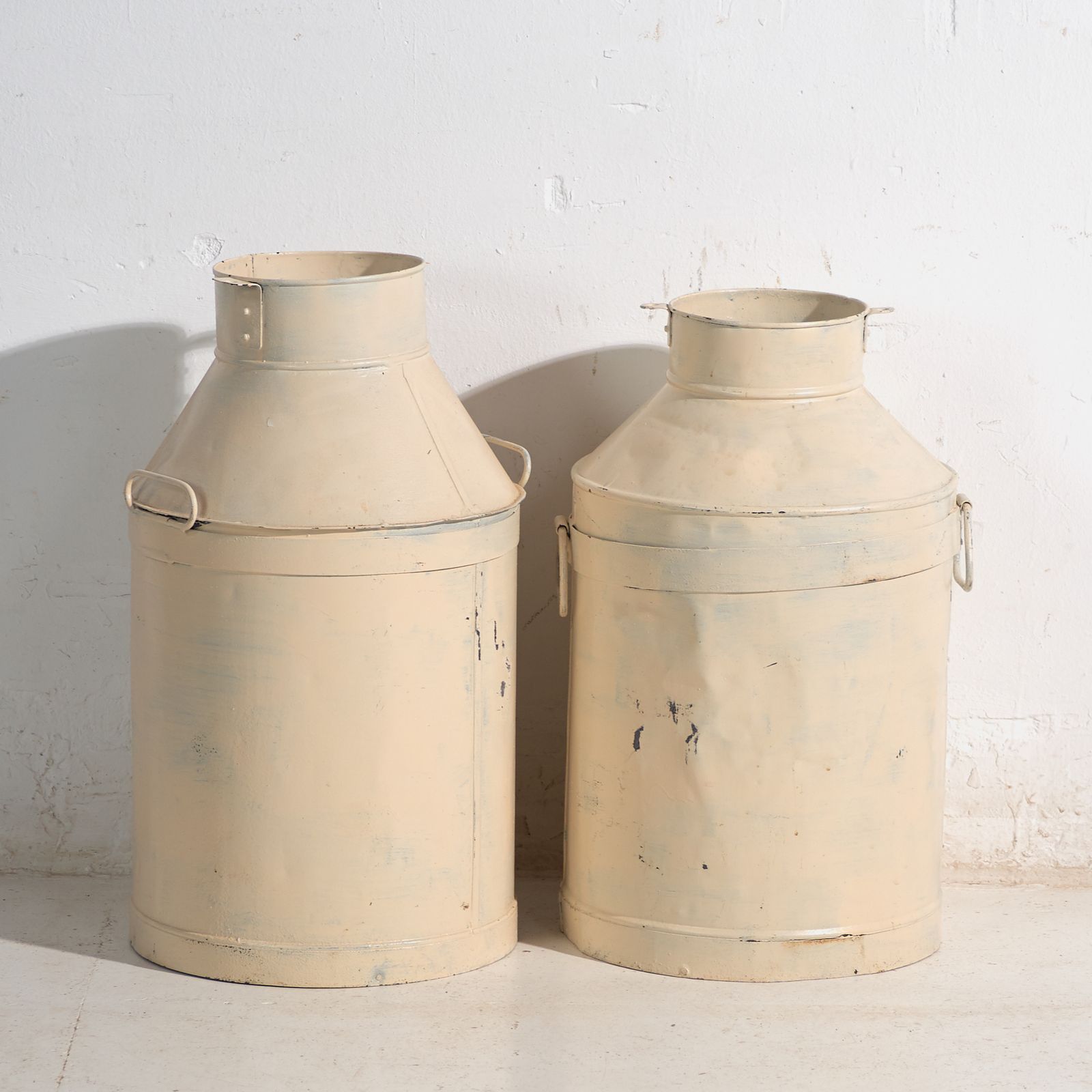 Set Of Two Antique Painted Tin Milk Cans – Poland, Circa 1950