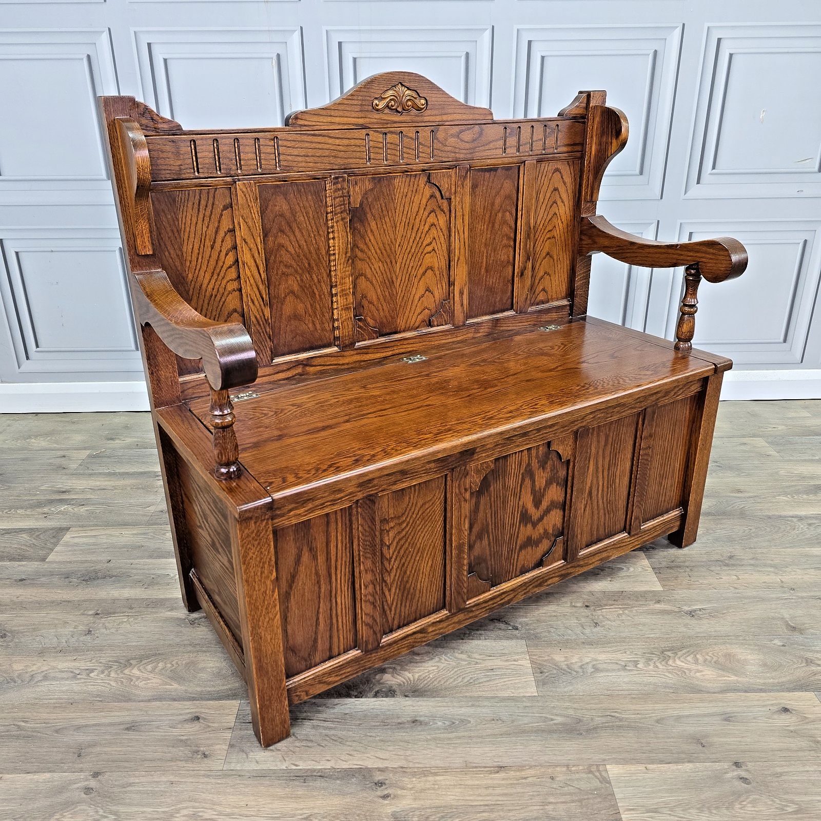Antique Oak Settle Pew Monks Bench Storage Trunk Box Hall Seat Jacobean Revival