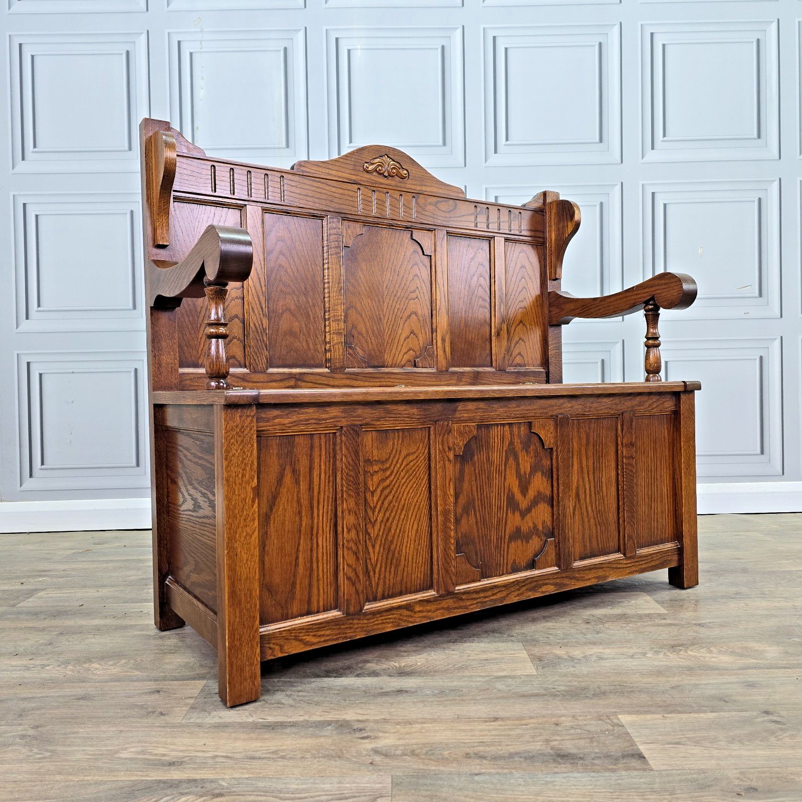 Antique Oak Settle Pew Monks Bench Storage Trunk Box Hall Seat Jacobean Revival photo furniture