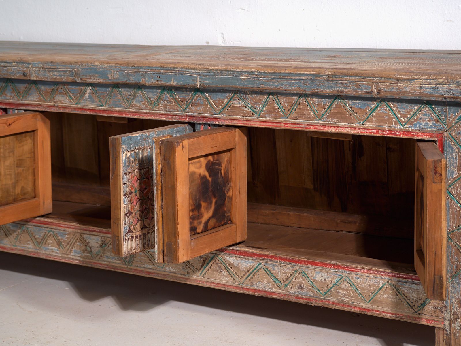 photo furniture Antique Carved And Polychrome Low Sideboard In Fir Wood – China, Circa 1930