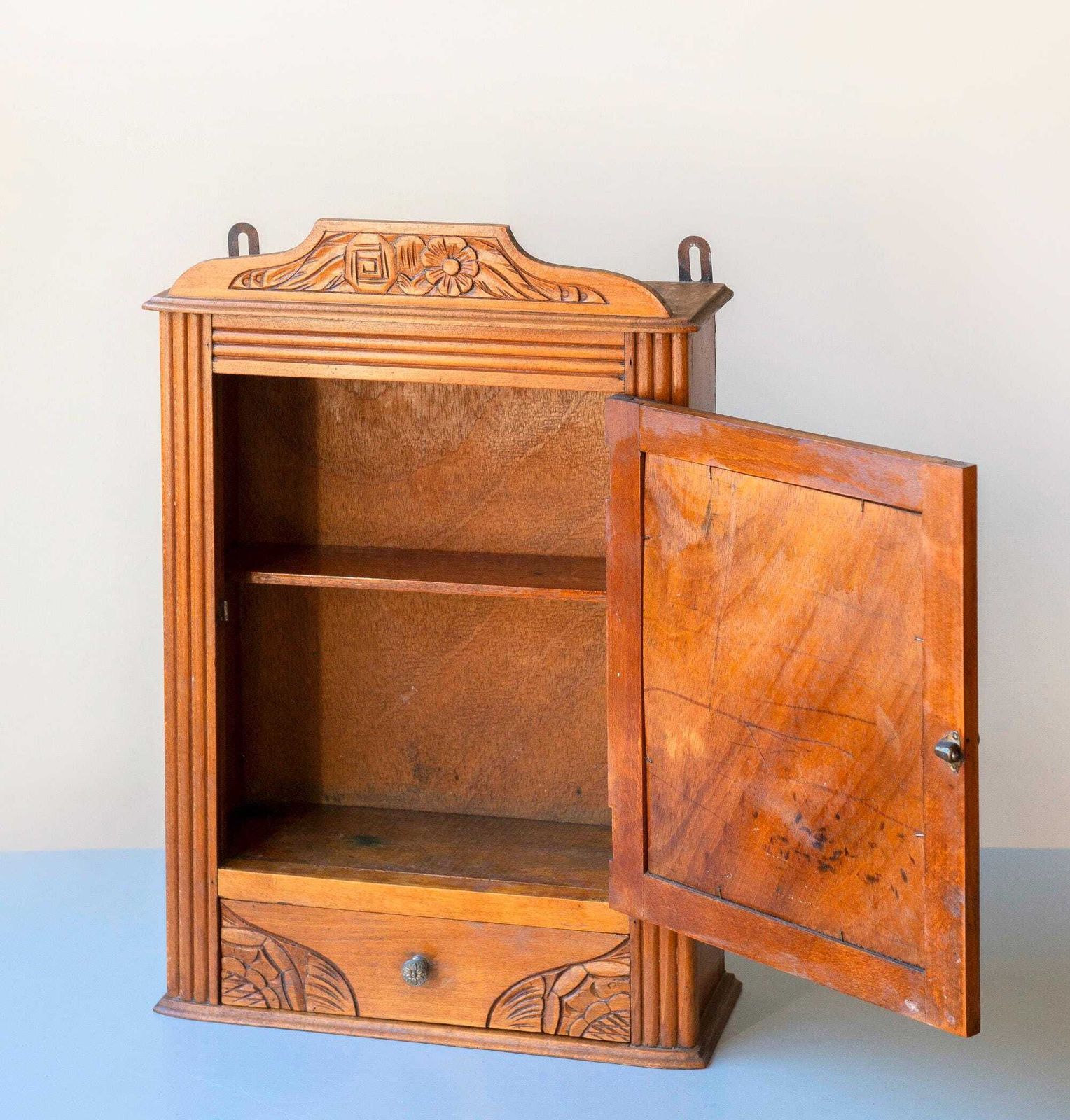 Antique French Oak Wall Cabinet With Mirror   Art Deco Hanging Bathroom Medicine Cabinet   Vintage Storage Unit photo vintage