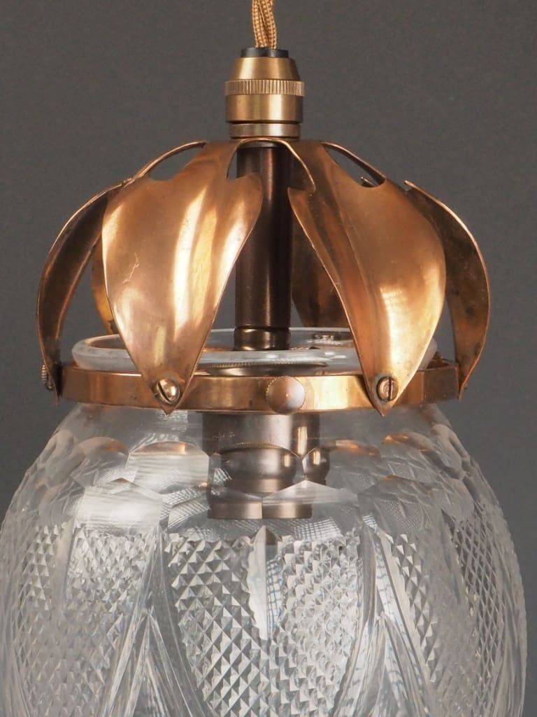 Antique Pendant Light With Cut Glass Crystal Globe & Copper Leaf Gallery photo for sale