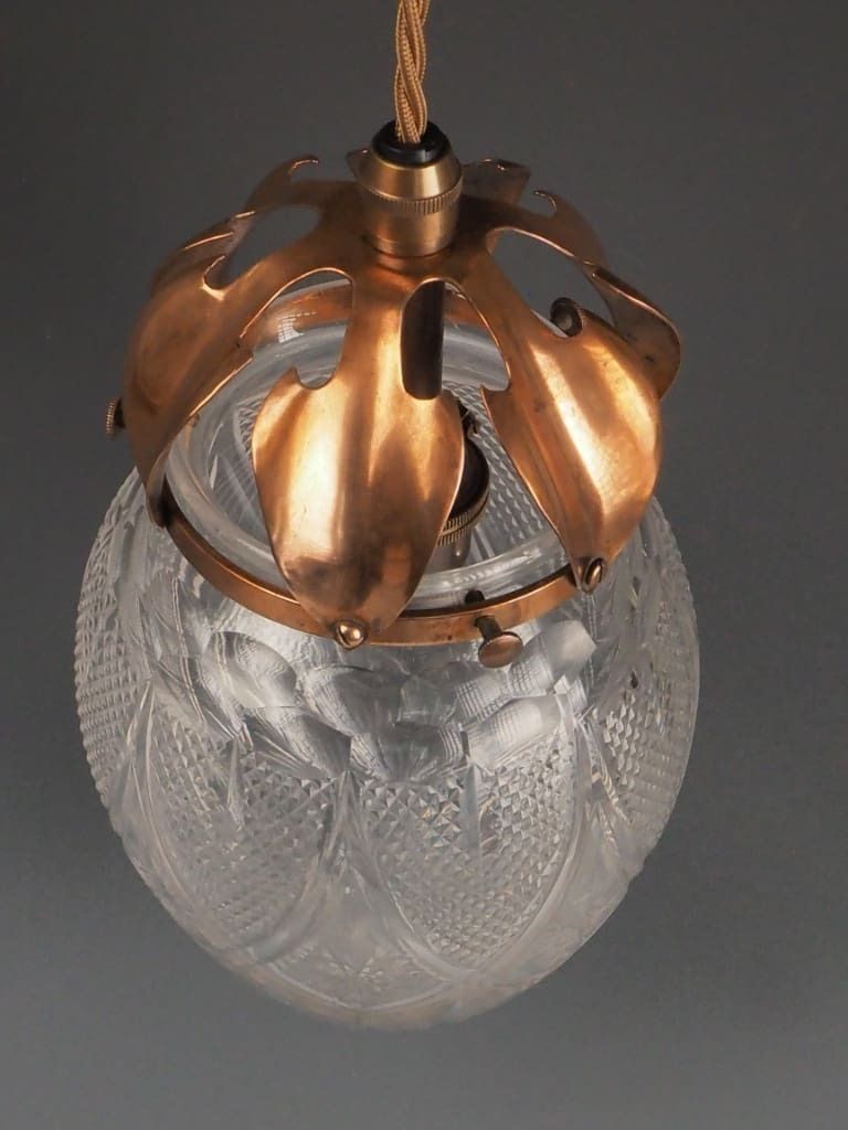 425.0 Antique Pendant Light With Cut Glass Crystal Globe & Copper Leaf Gallery photo