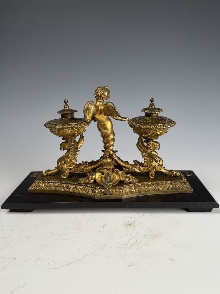 Antique Gilt Bronze & Ebony Inkstand – 19th Century Desk Accessory photo Home Decor