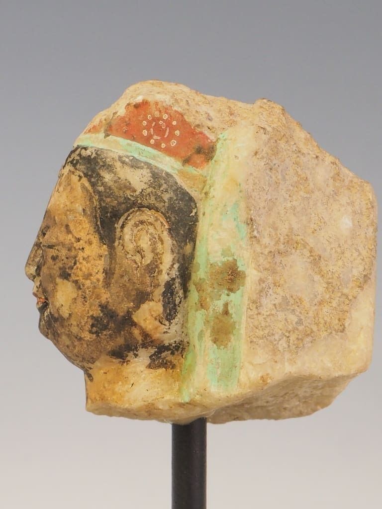Antique Fragment Of A Polychrome Painted Chinese Buddha Head photo vinterior