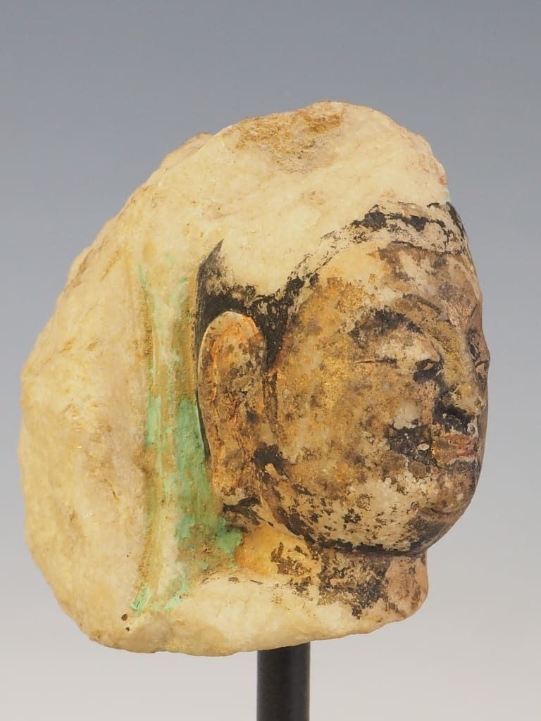photo furniture Antique Fragment Of A Polychrome Painted Chinese Buddha Head