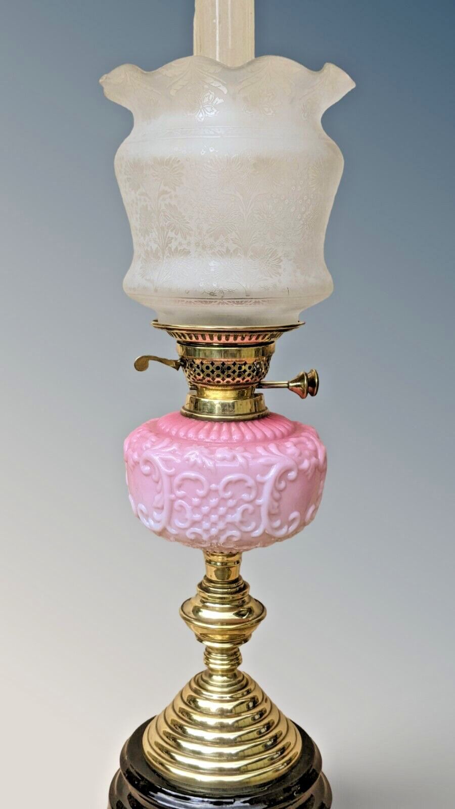 Victorian Pink Glass Oil Lamp, 1800s photo furniture