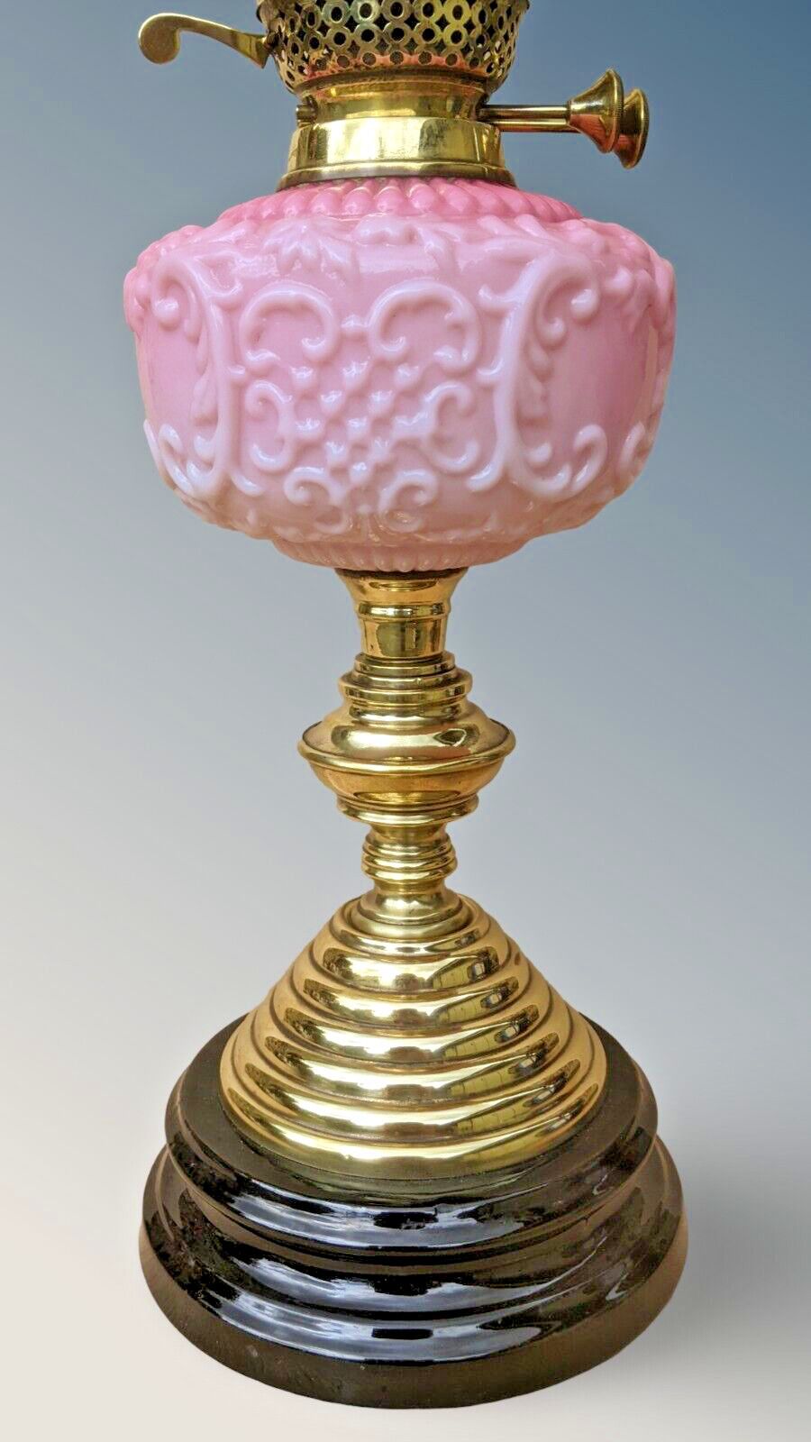 Victorian Pink Glass Oil Lamp, 1800s photo vinterior