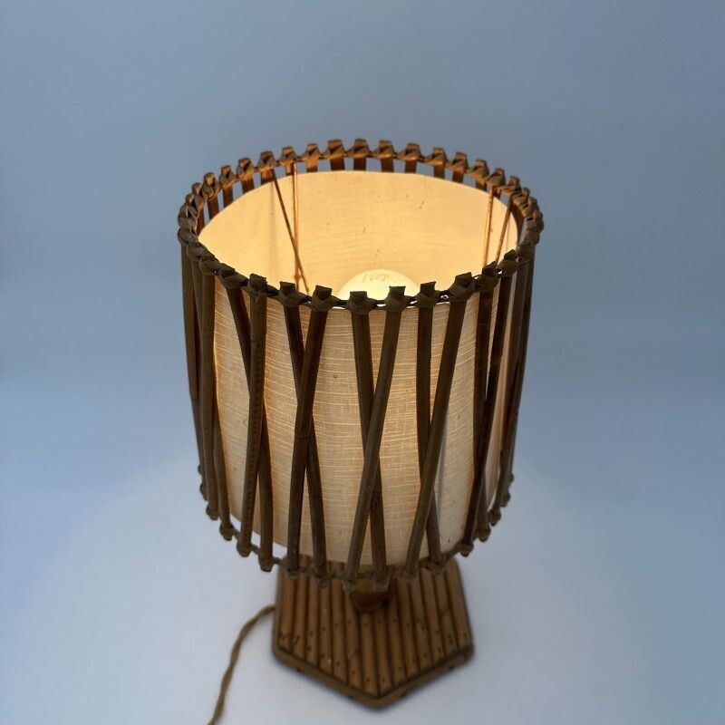 Rattan Table Lamp With Cross Shaped Shade, Attributed To Louis Sognot, 1950s. photo vinterior