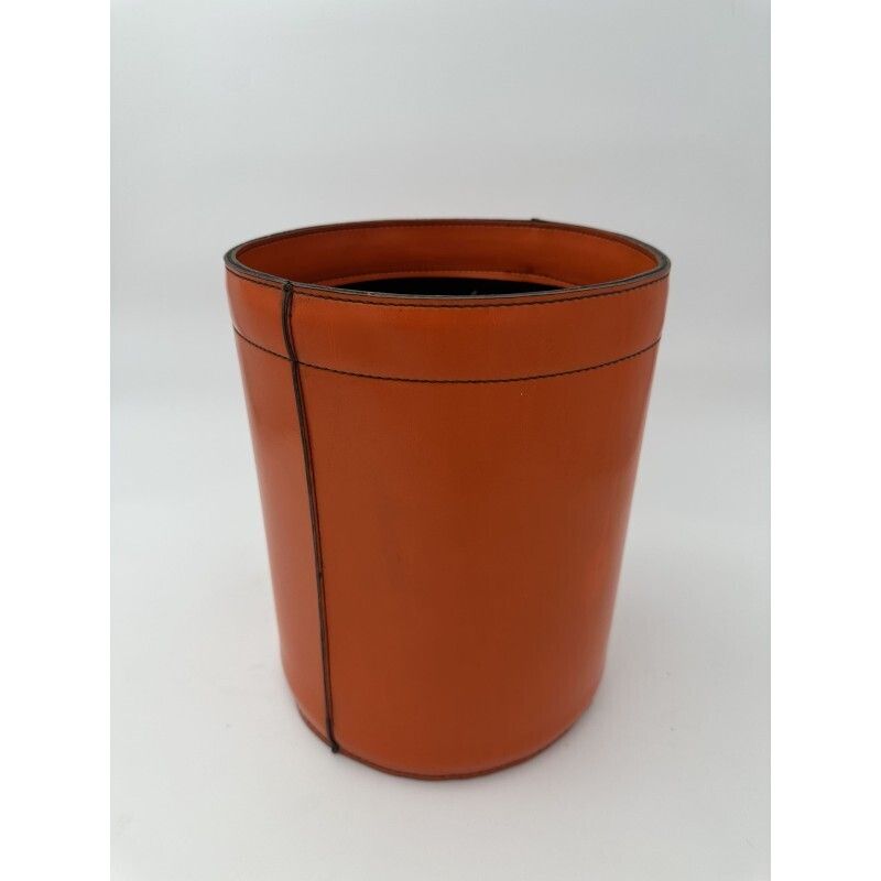 750.0 Orange Leather Wastepaper Basket In The Style Of Hermès, 1970s 1980s photo