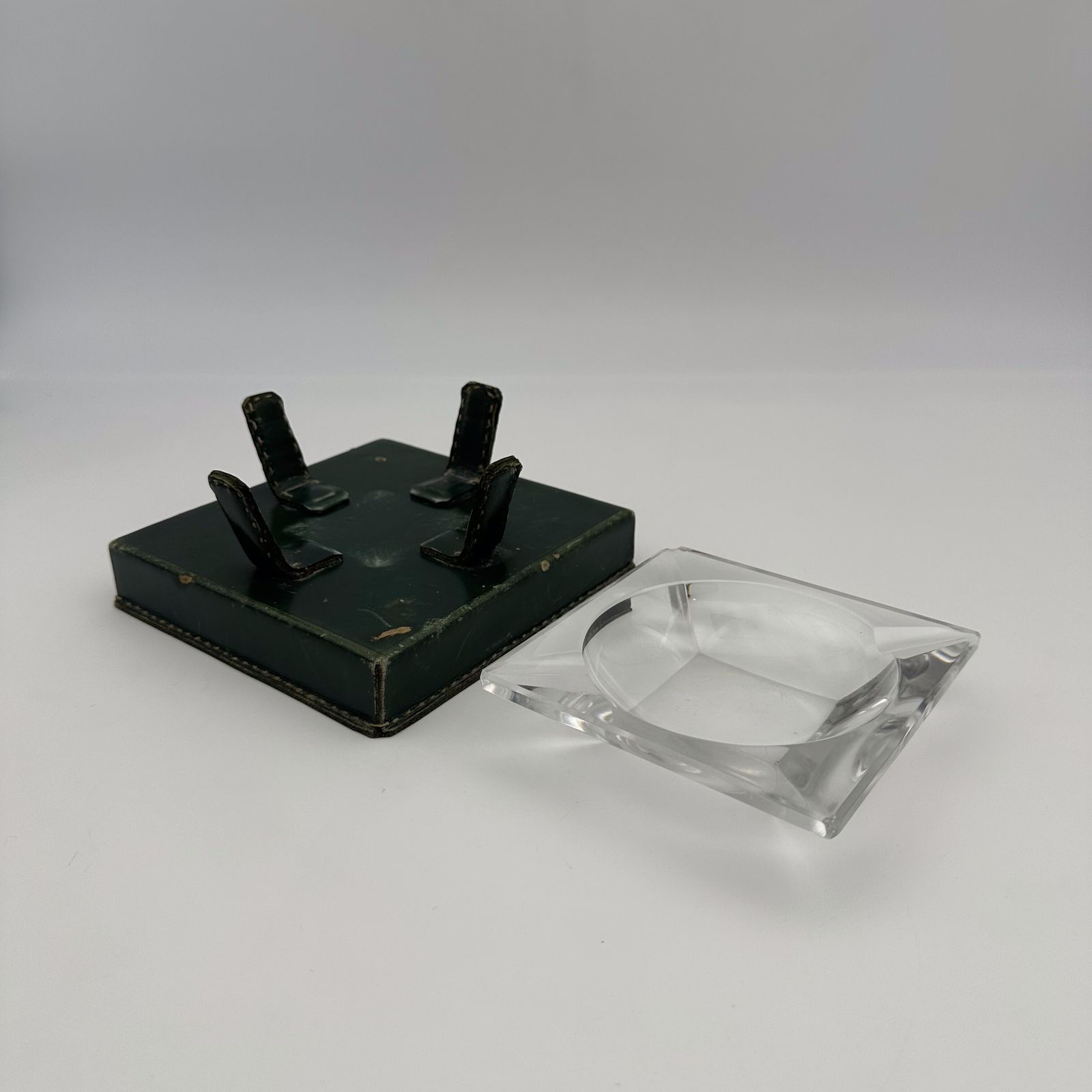 Green Leather And Crystal Ashtray In The Style Of Jacques Adnet, 1950s. photo 650.0
