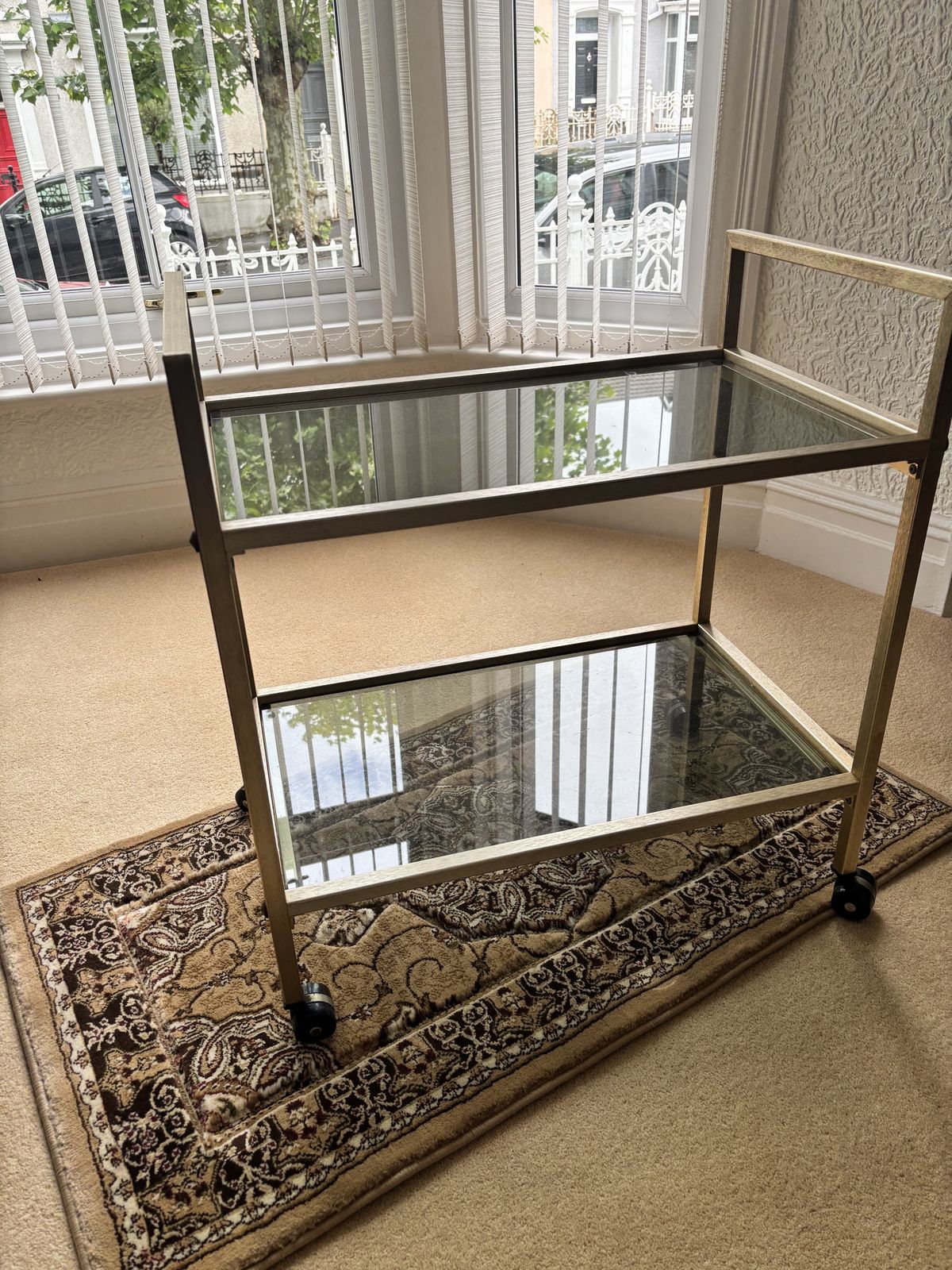 Mid Century Brushed Brass/Chrome With 2 Smokey Glass Shelves
