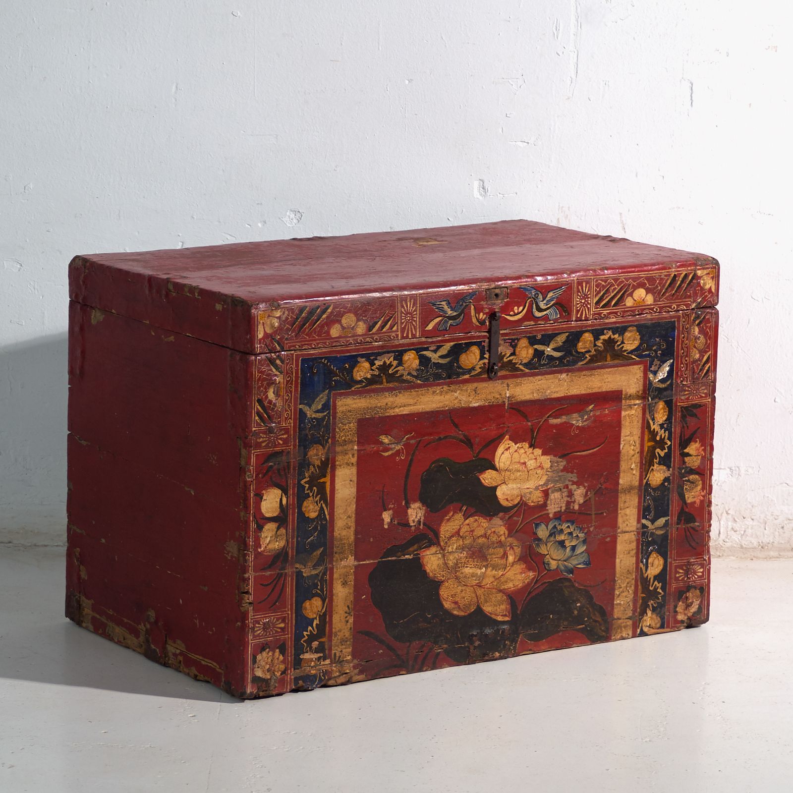 Antique Vermilion Red Painted Trunk In Pine Wood – China, Circa 1900