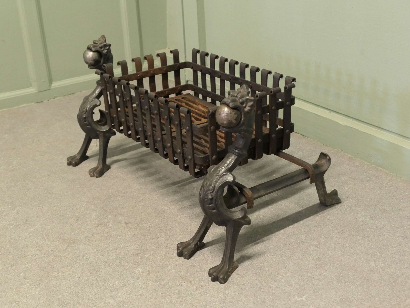 Gothic Inglenook Grate Set On Dragon Andirons These Are Heavy Iron Andirons photo Home Fixtures