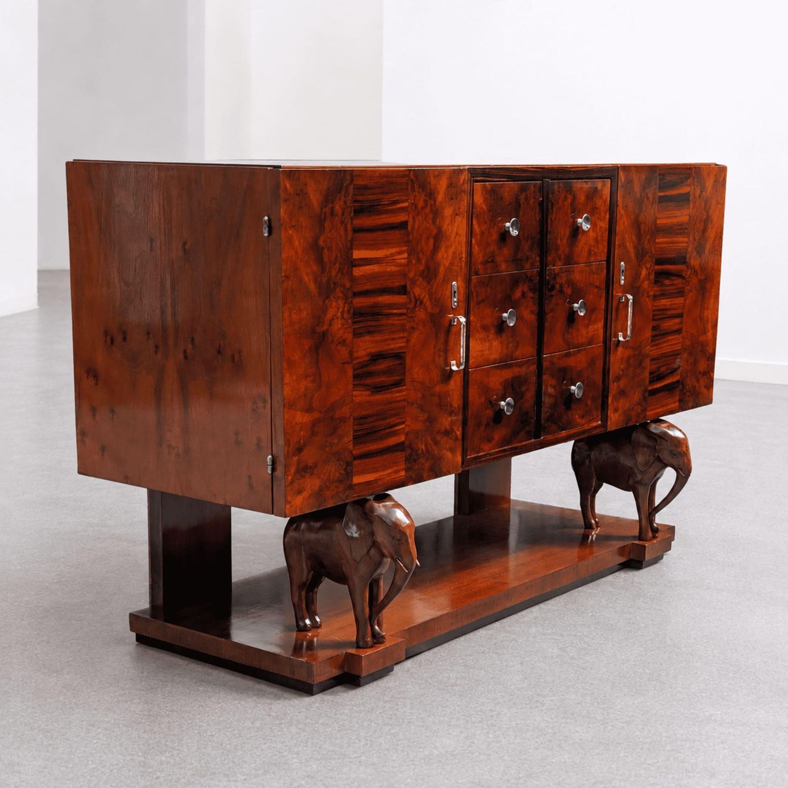 Sicilian Art Deco Sideboard Drawers Wood With Hand Carved Elephants, 1930s photo furniture