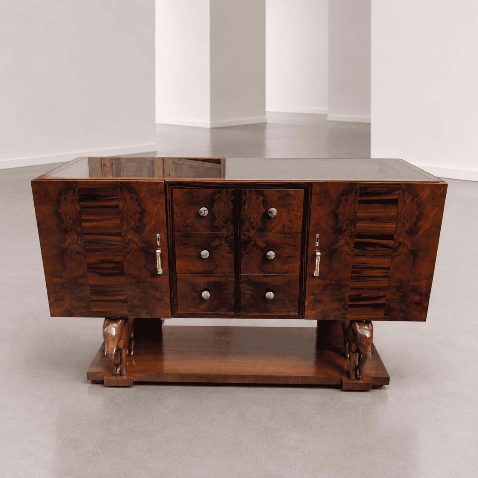 Sicilian Art Deco Sideboard Drawers Wood With Hand Carved Elephants, 1930s photo for sale