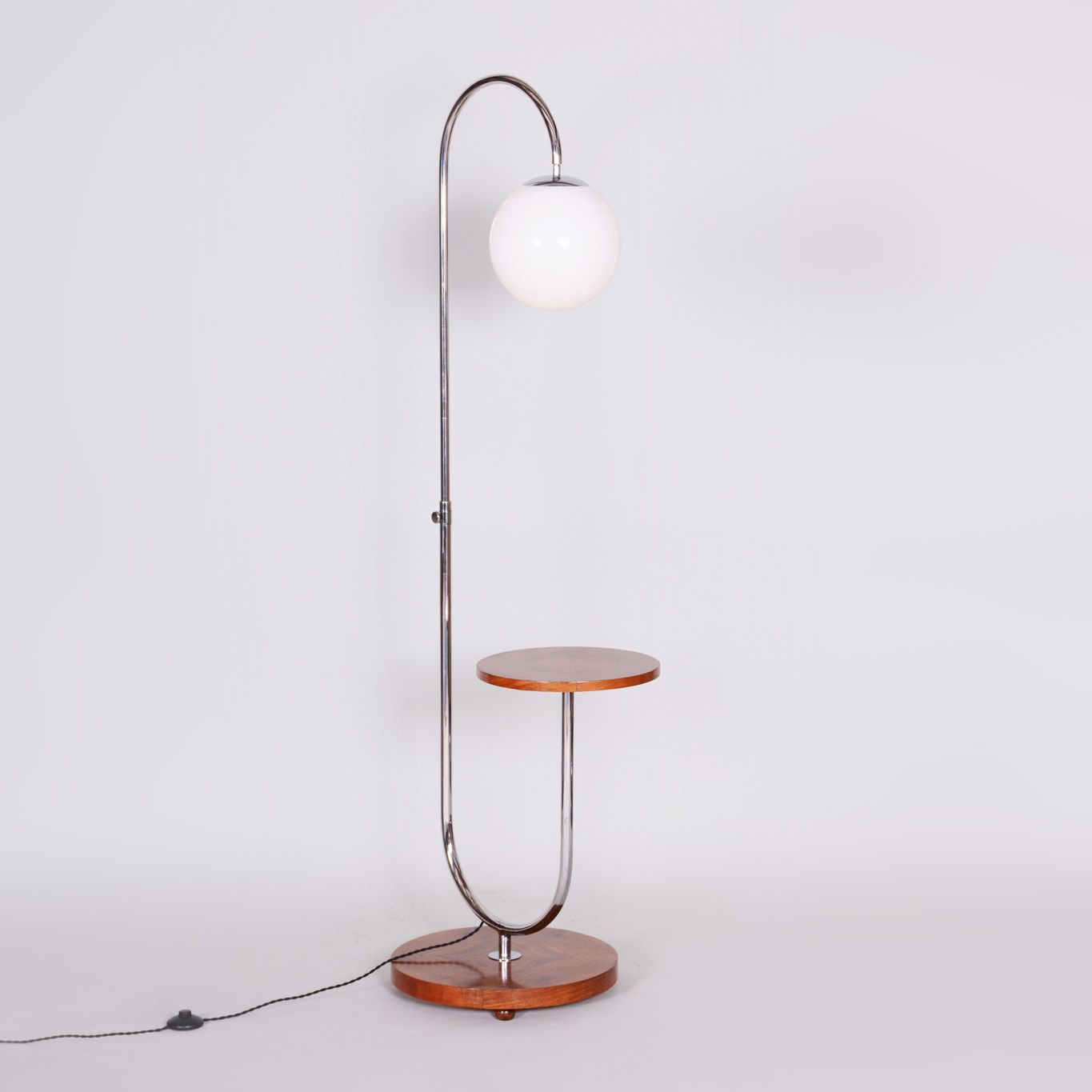 Restored Bauhaus Floor Lamp, By R. Slezak, Walnut, Chrome, Glass, Czech, 1930s photo for sale