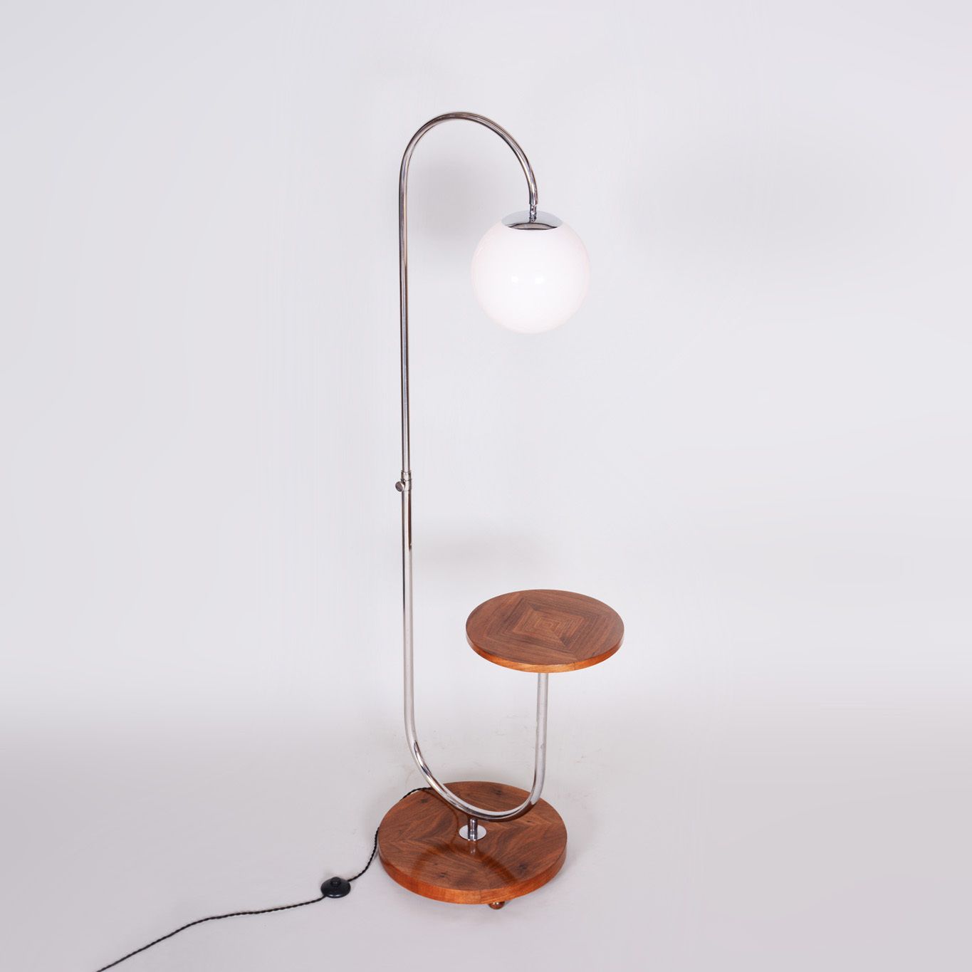 Restored Bauhaus Floor Lamp, By R. Slezak, Walnut, Chrome, Glass, Czech, 1930s photo buy