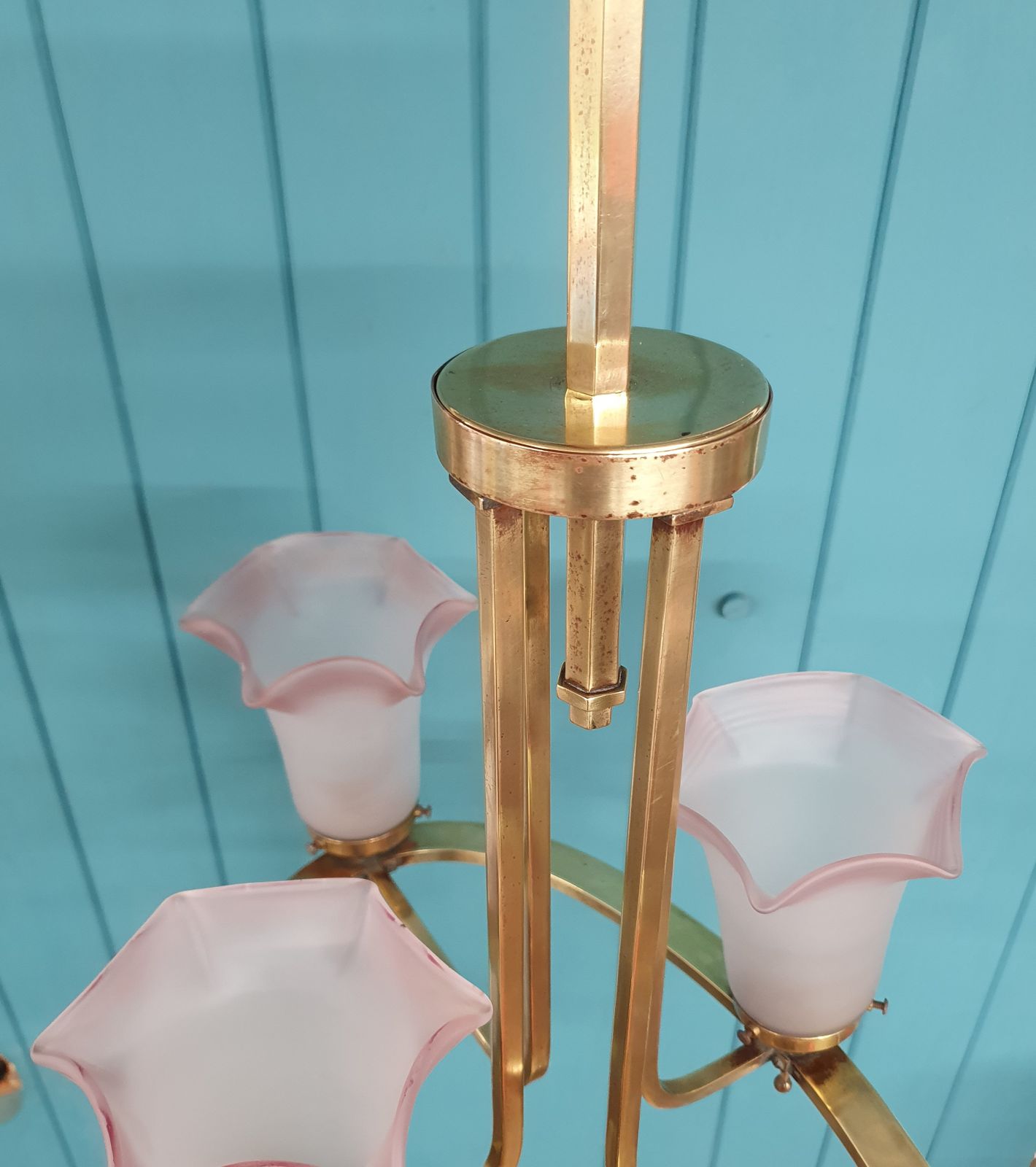 Art Deco Brass & Glass Four Light Chandelier 22" photo 650.0