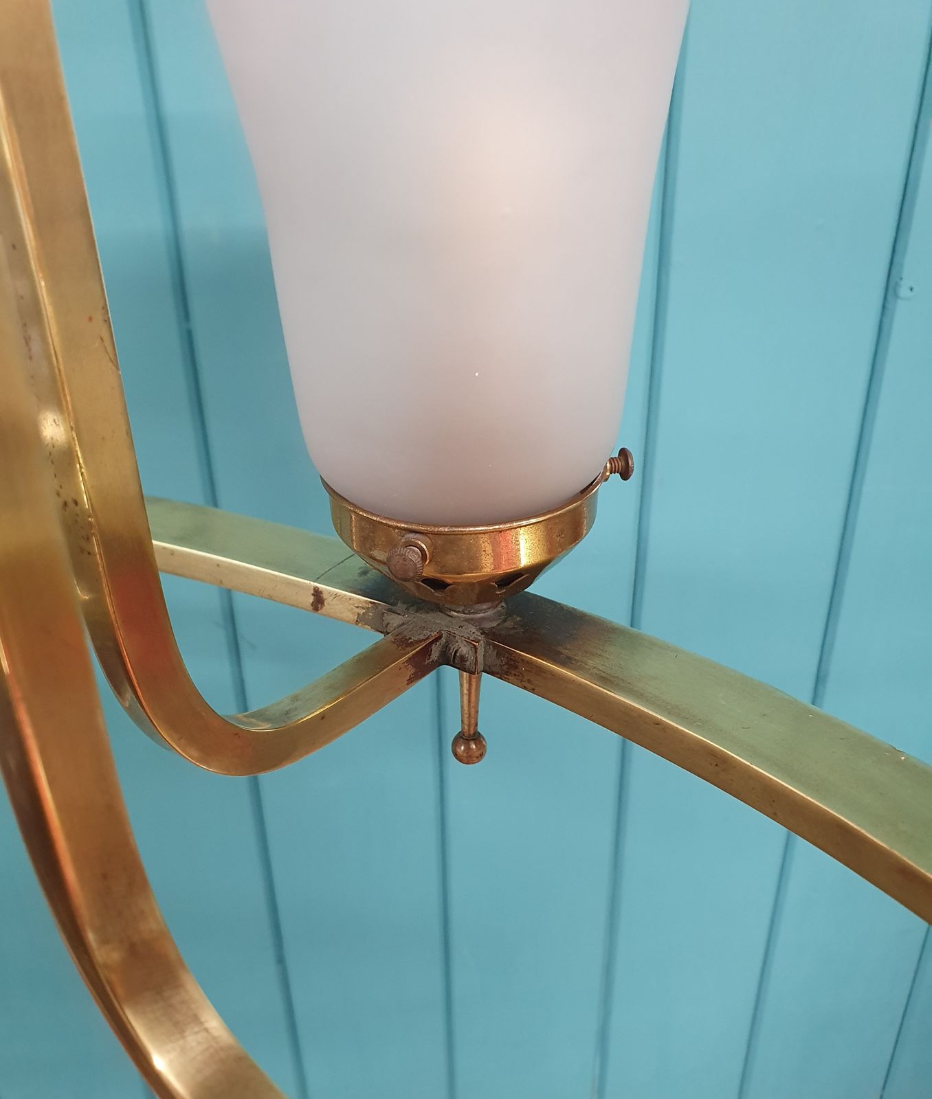 Art Deco Brass & Glass Four Light Chandelier 22" photo vinterior