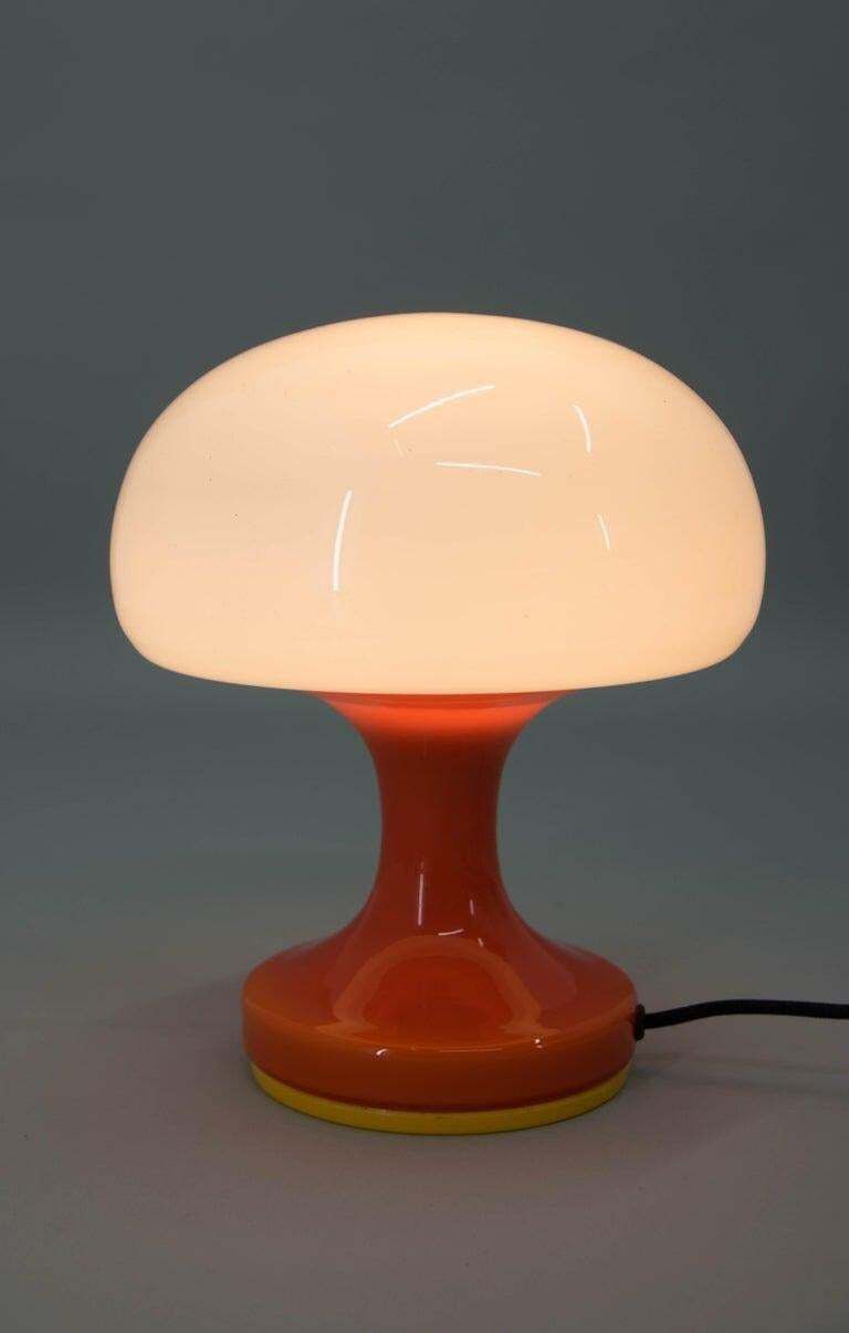 Space Age Orange And White Glass Mushroom Table Lamp By Valašské Meziříčí, 1970s photo vinterior
