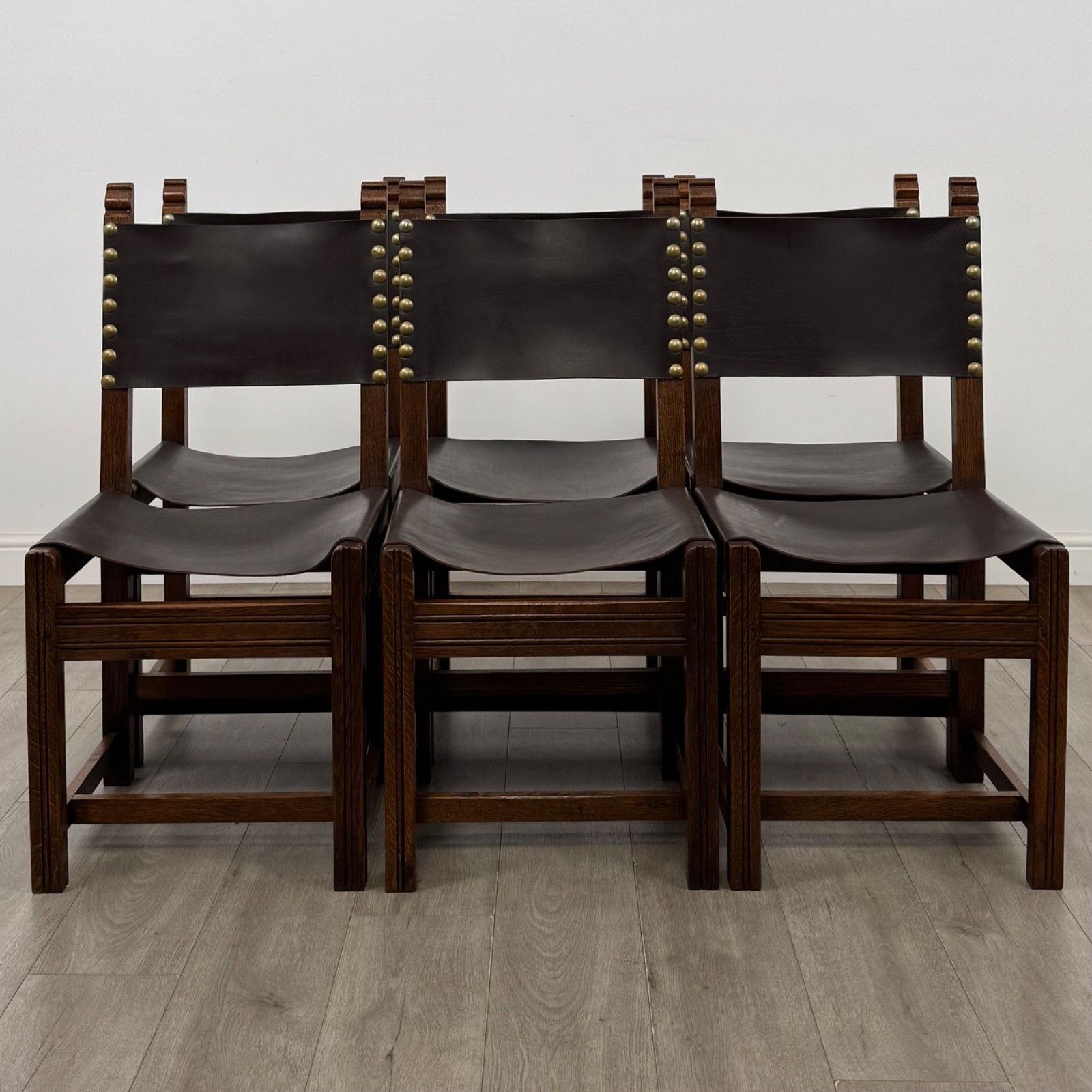 Antique 20th Century Set Of 6 Leather Dining Chairs In Oak ( Af 5859 )