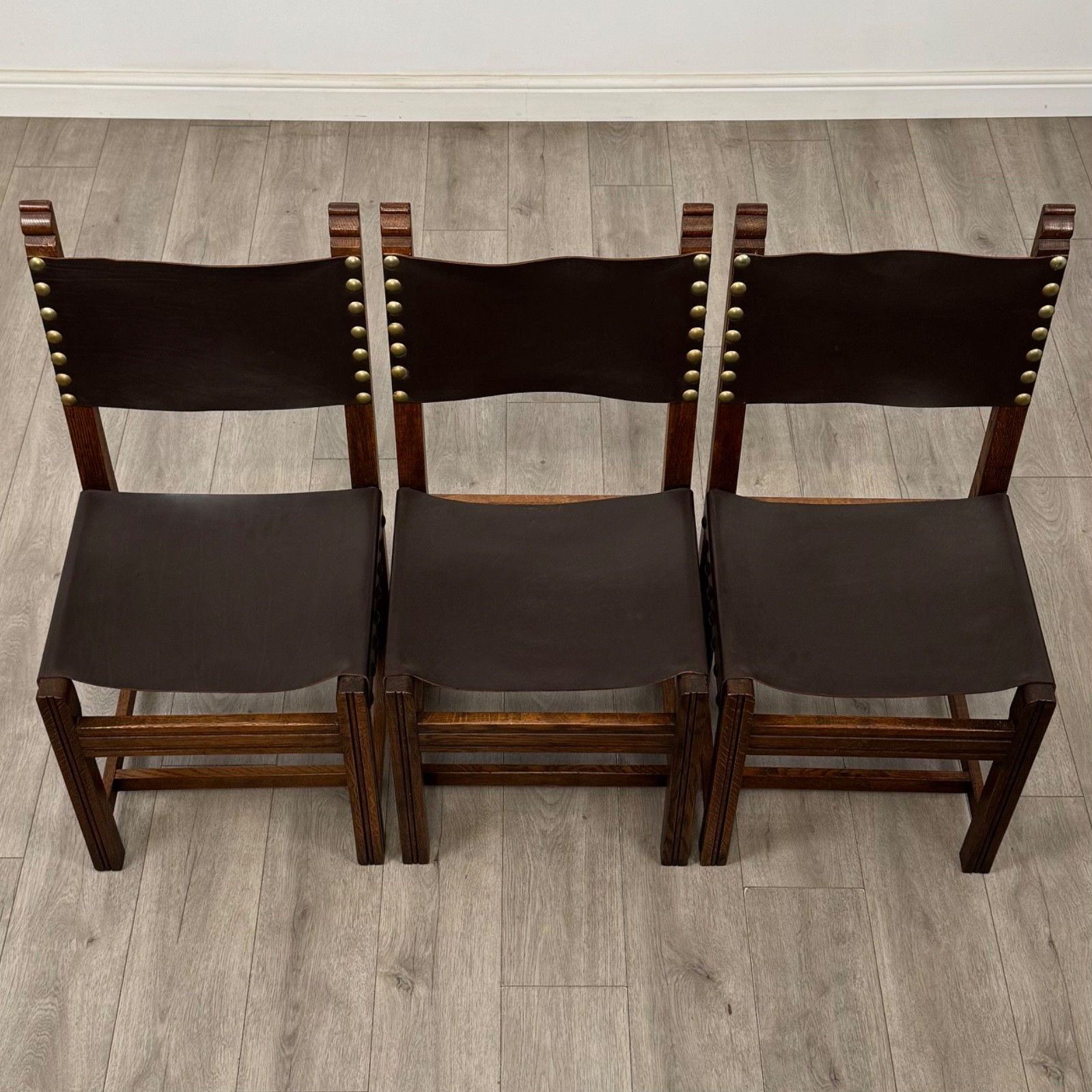 Antique 20th Century Set Of 6 Leather Dining Chairs In Oak ( Af 5859 ) photo vintage