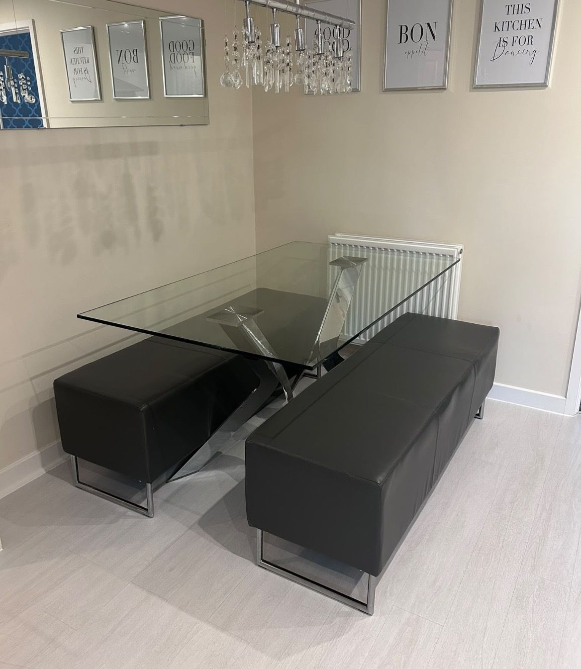 Werkstadt Glass Dining Table & Matching Benches – Chrome Sculptural Base – 150cm photo vinterior