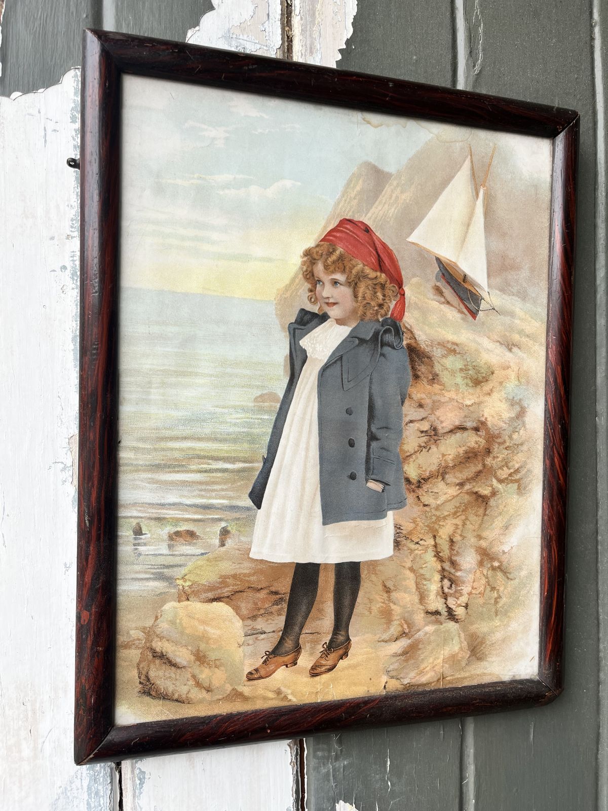 1920’s Print Of Girl On A Beach With Pond Yacht. Faux Rosewood Frame