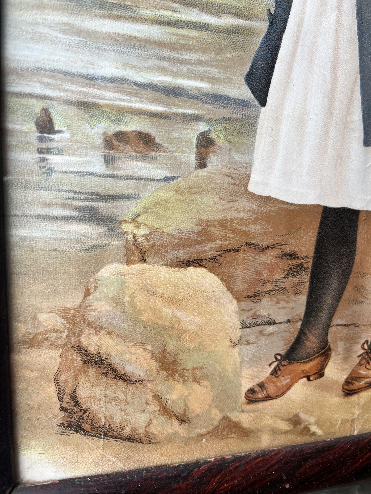 1920’s Print Of Girl On A Beach With Pond Yacht. Faux Rosewood Frame photo Art