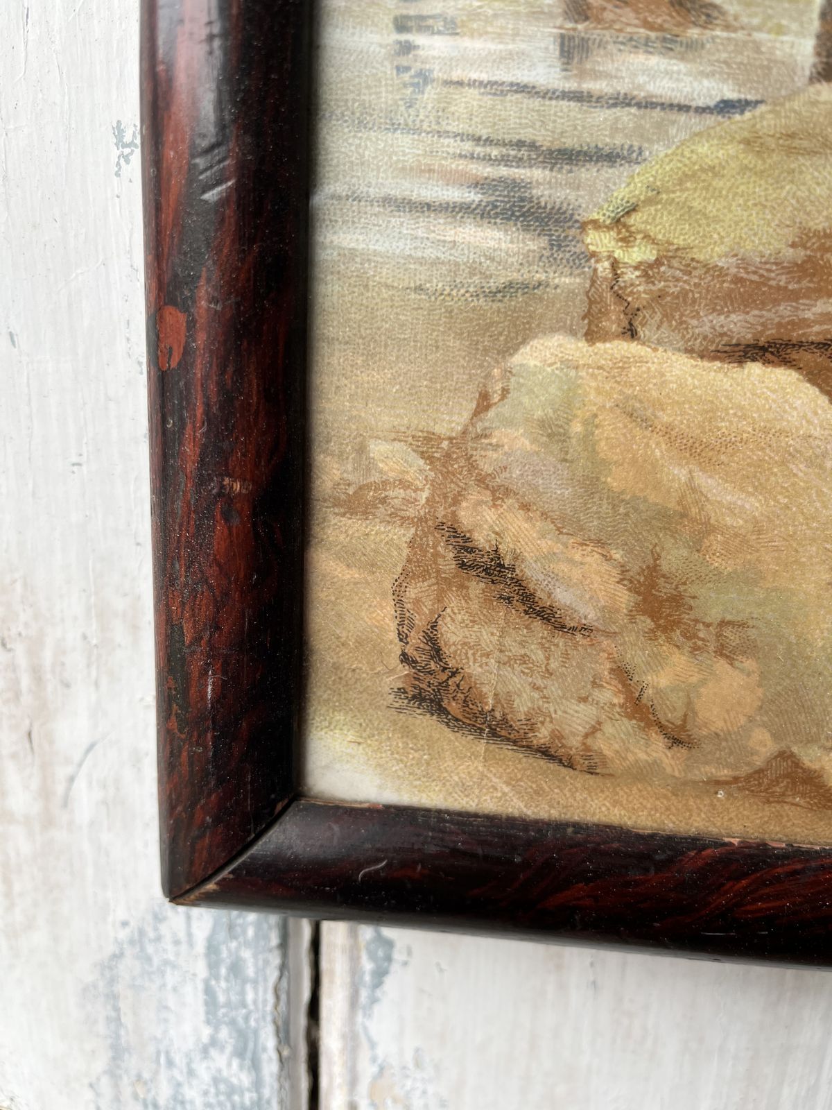 165.0 1920’s Print Of Girl On A Beach With Pond Yacht. Faux Rosewood Frame photo