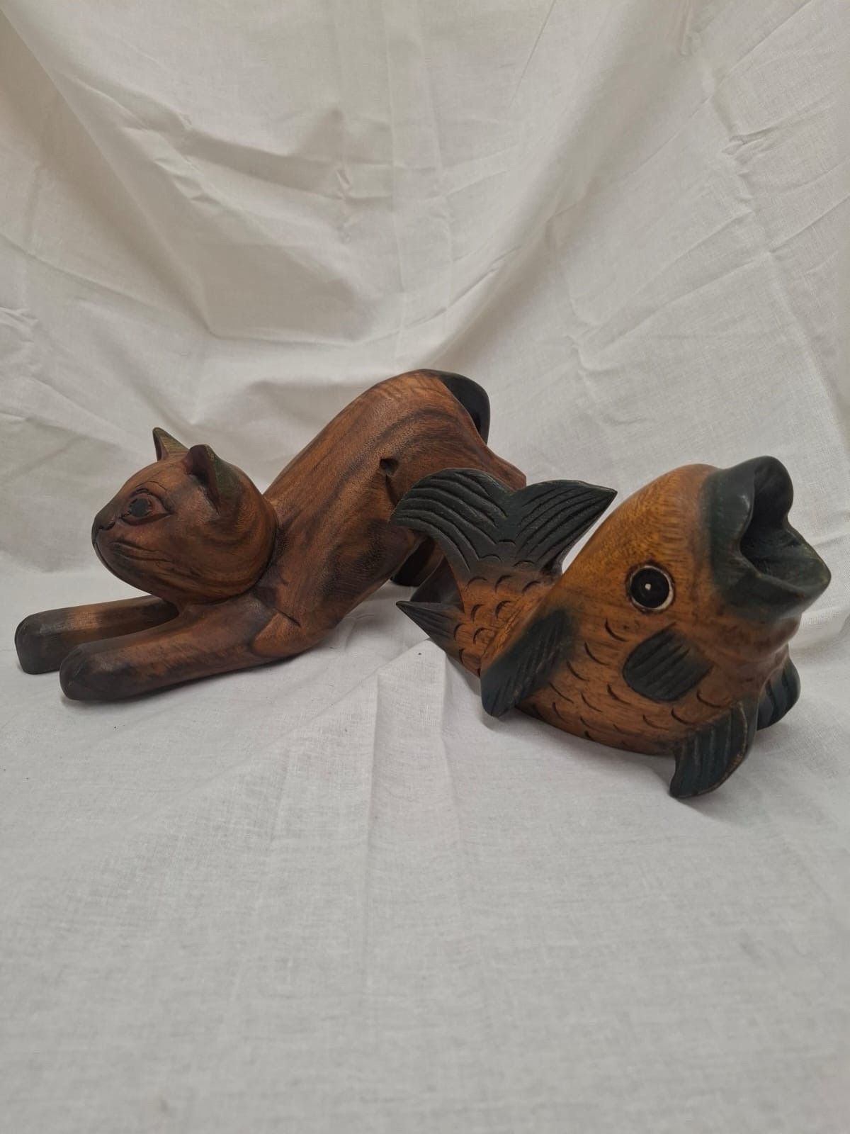 Vintage Wooden Cat And Fish