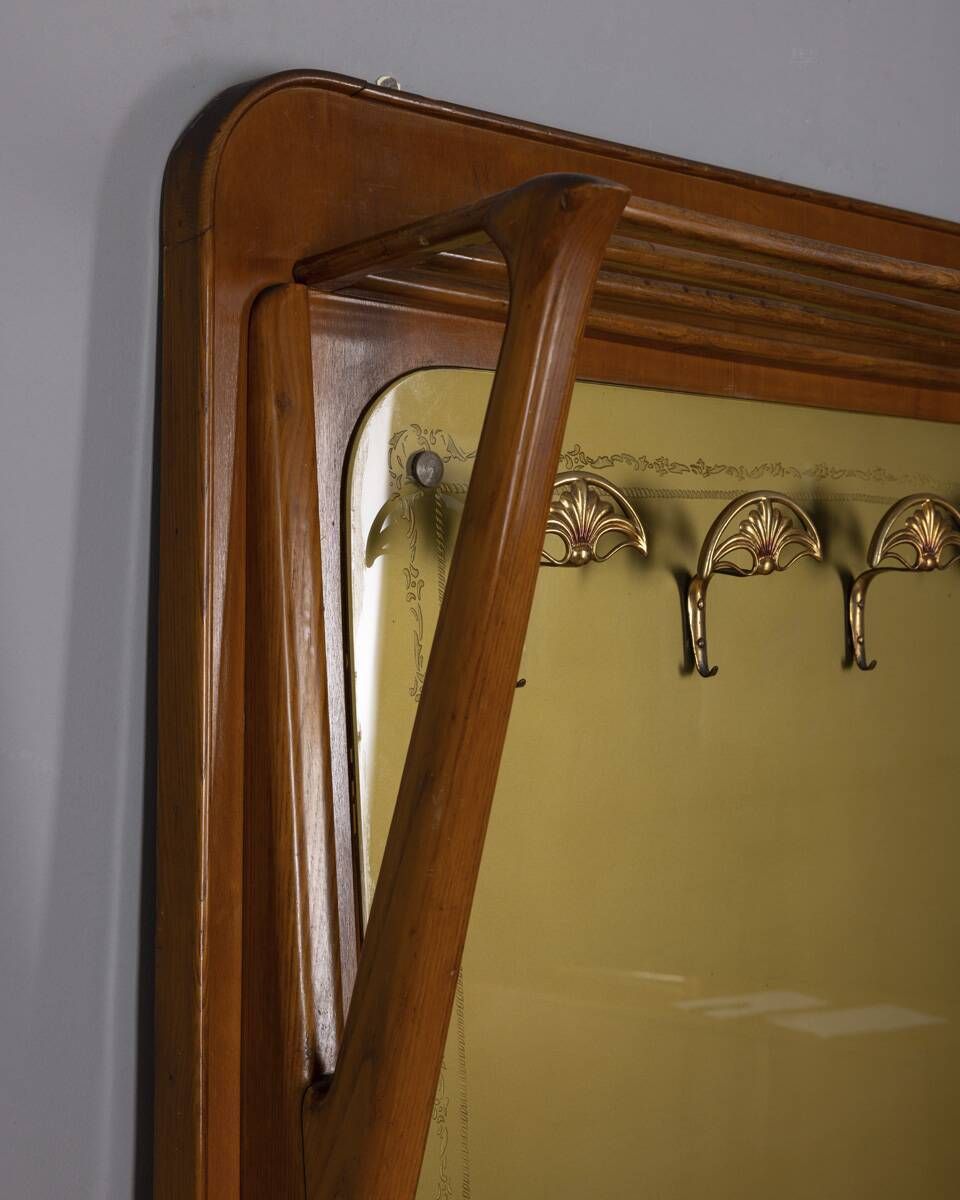 Vintage 1950s Wall Coat Rack In Wood And Decorated Glass, Italian Design photo Furniture