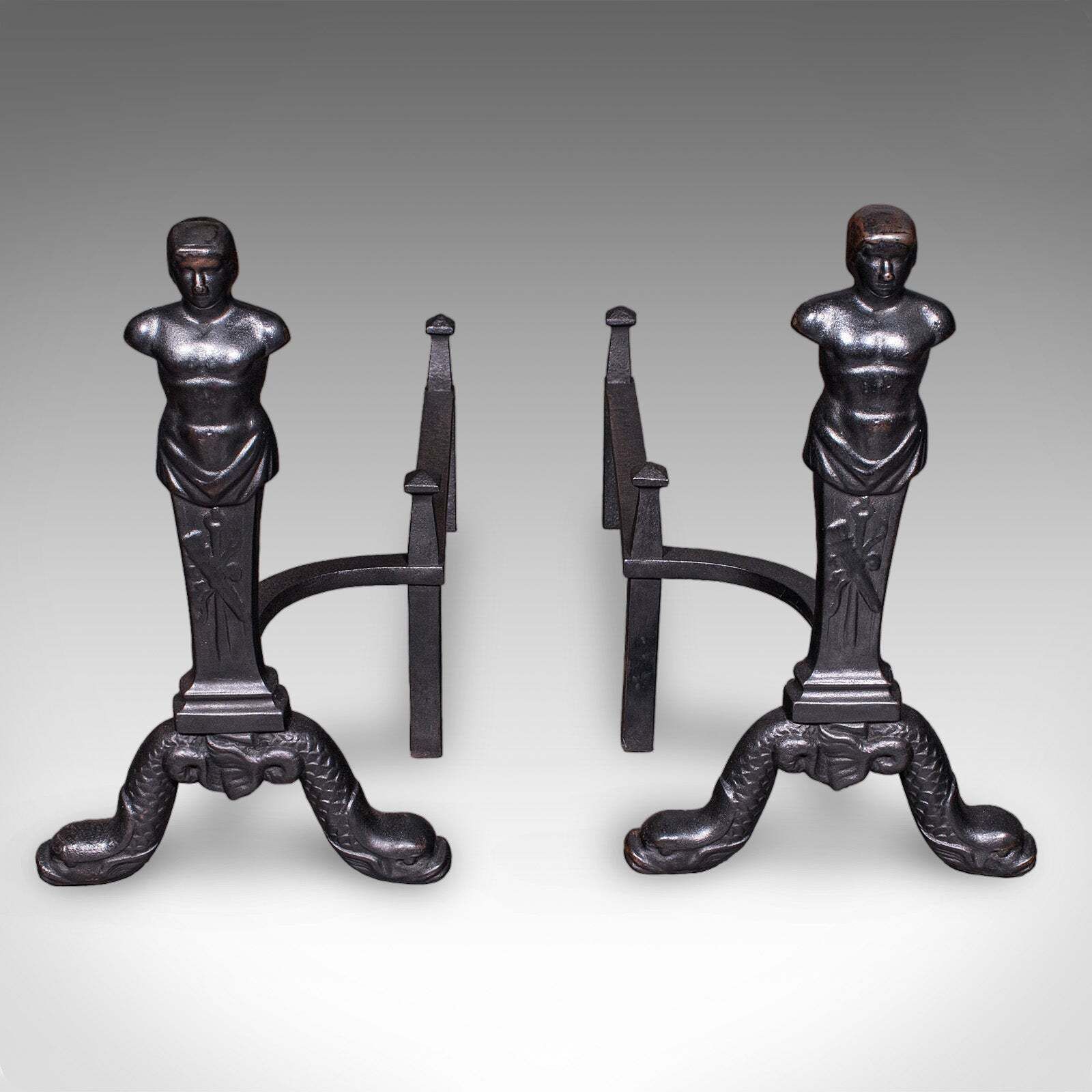 Pair Of Vintage Figural Andirons, English, Fire Dog, Fireplace Rests, Art Deco photo furniture