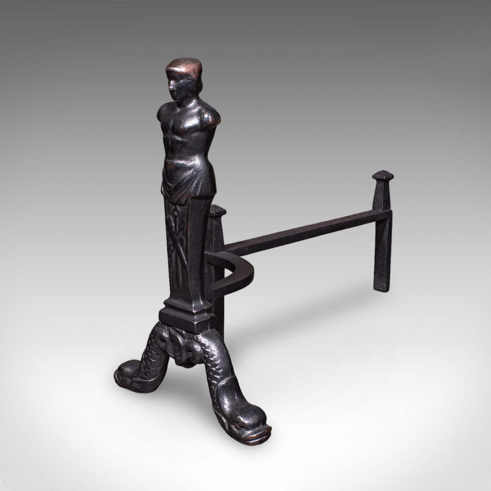 Pair Of Vintage Figural Andirons, English, Fire Dog, Fireplace Rests, Art Deco photo vinterior