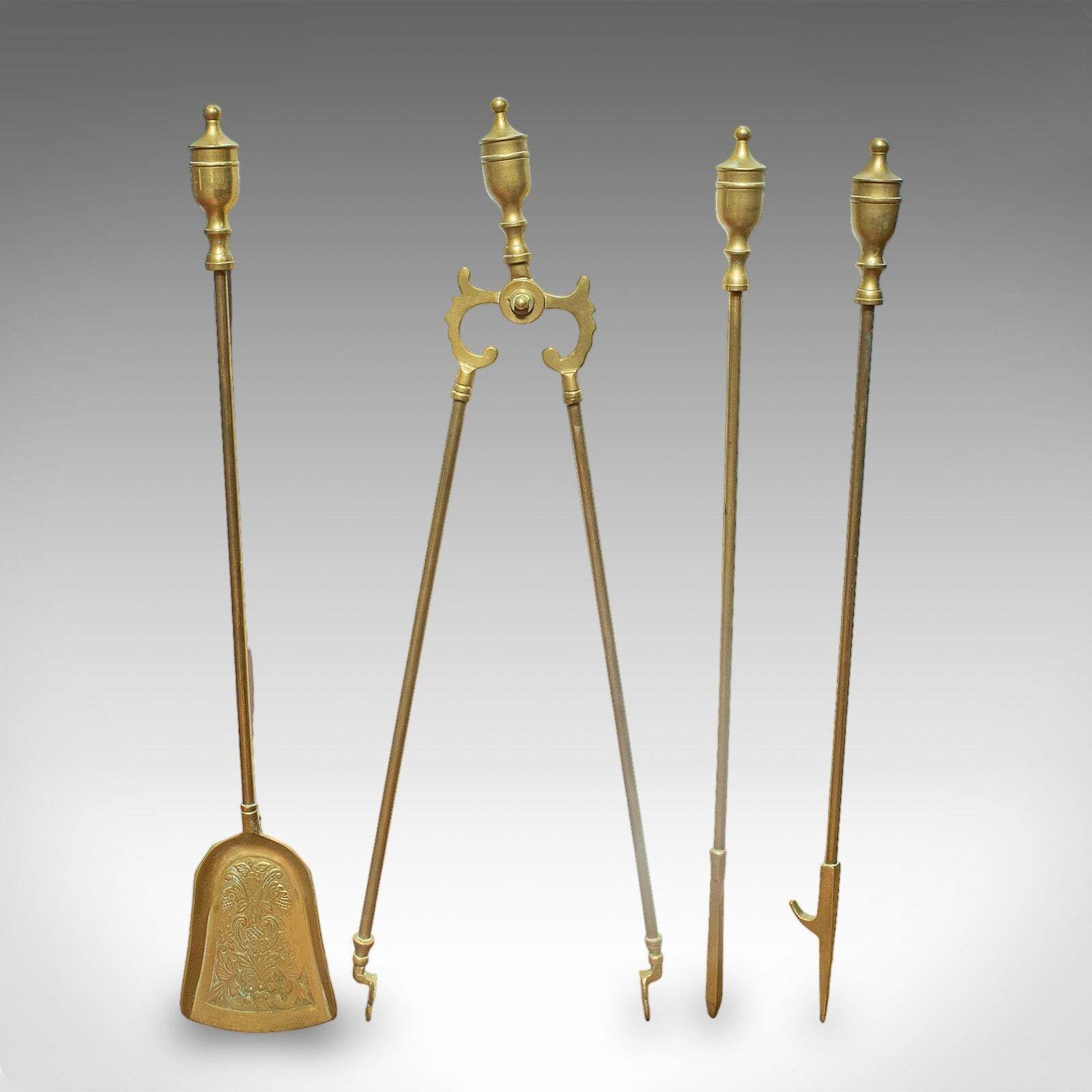 4 Antique Fireside Tools, English, Brass, Fireplace Companion Set, Victorian photo furniture